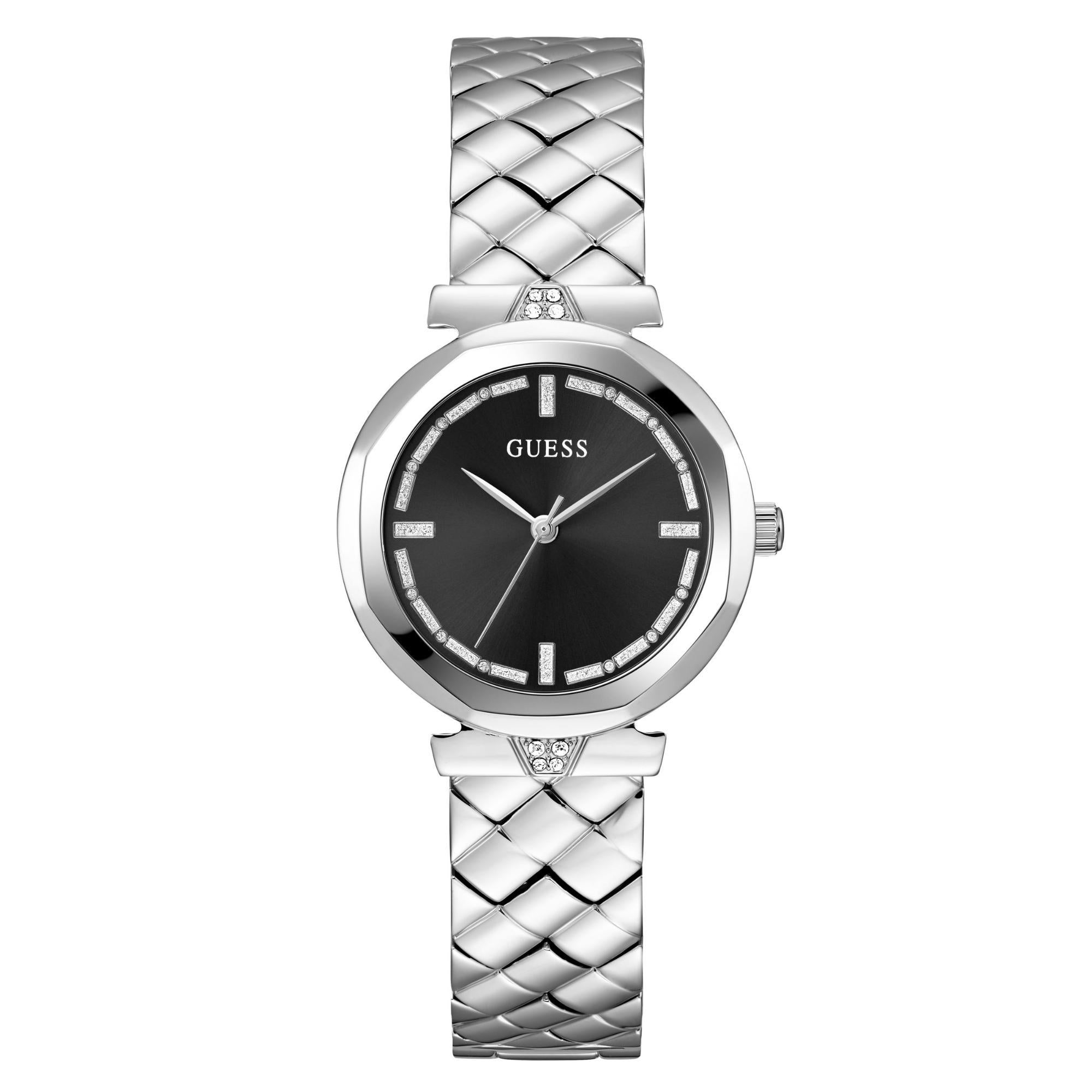 GUESS Silver-Tone Analog Black Dial with Sparkling Crystal Details Ladies Watch GW0613L1
