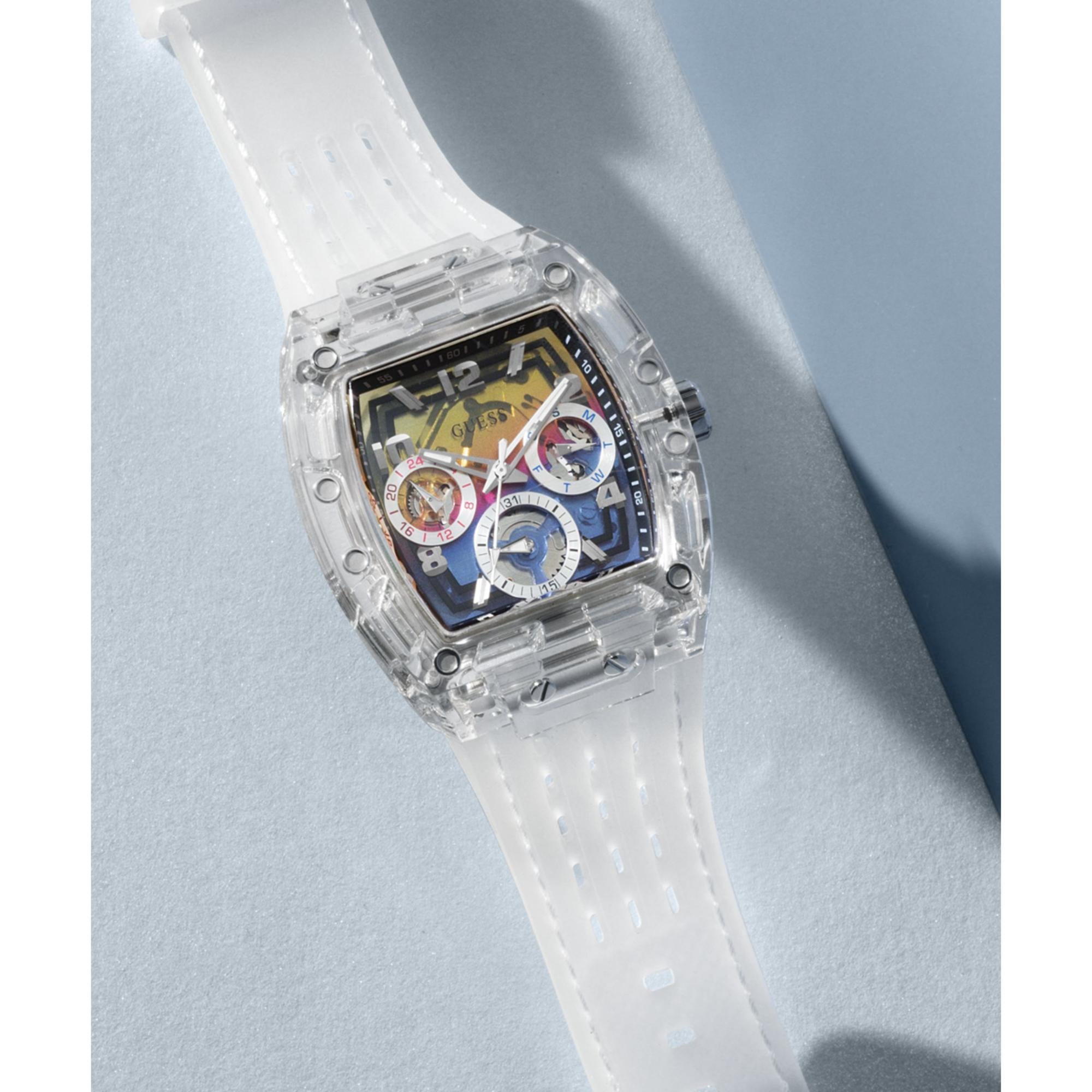 GUESS Men’s Clear Multi-Function Watch with Stainless Steel Strap GW0499G3