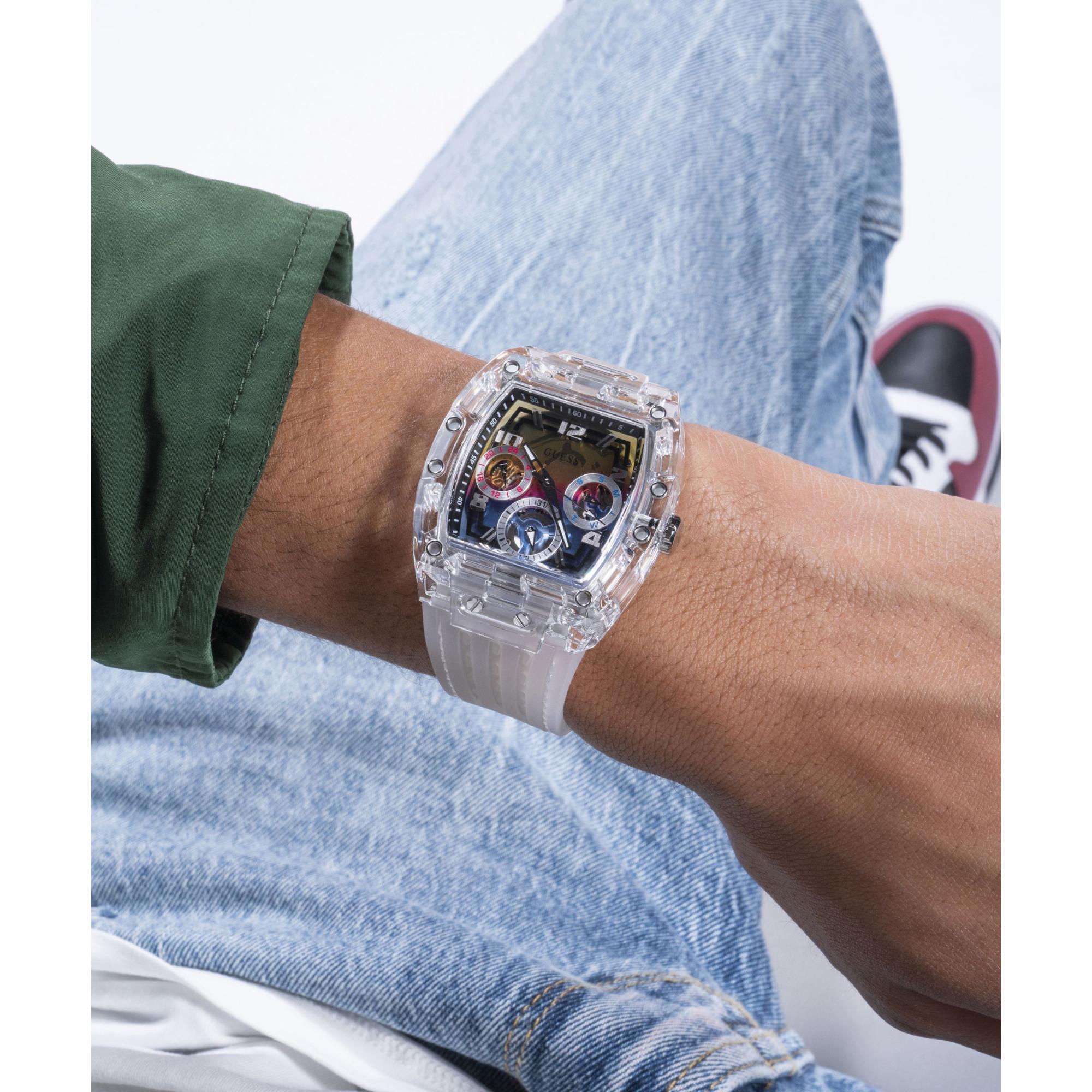 GUESS Men’s Clear Multi-Function Watch with Stainless Steel Strap GW0499G3