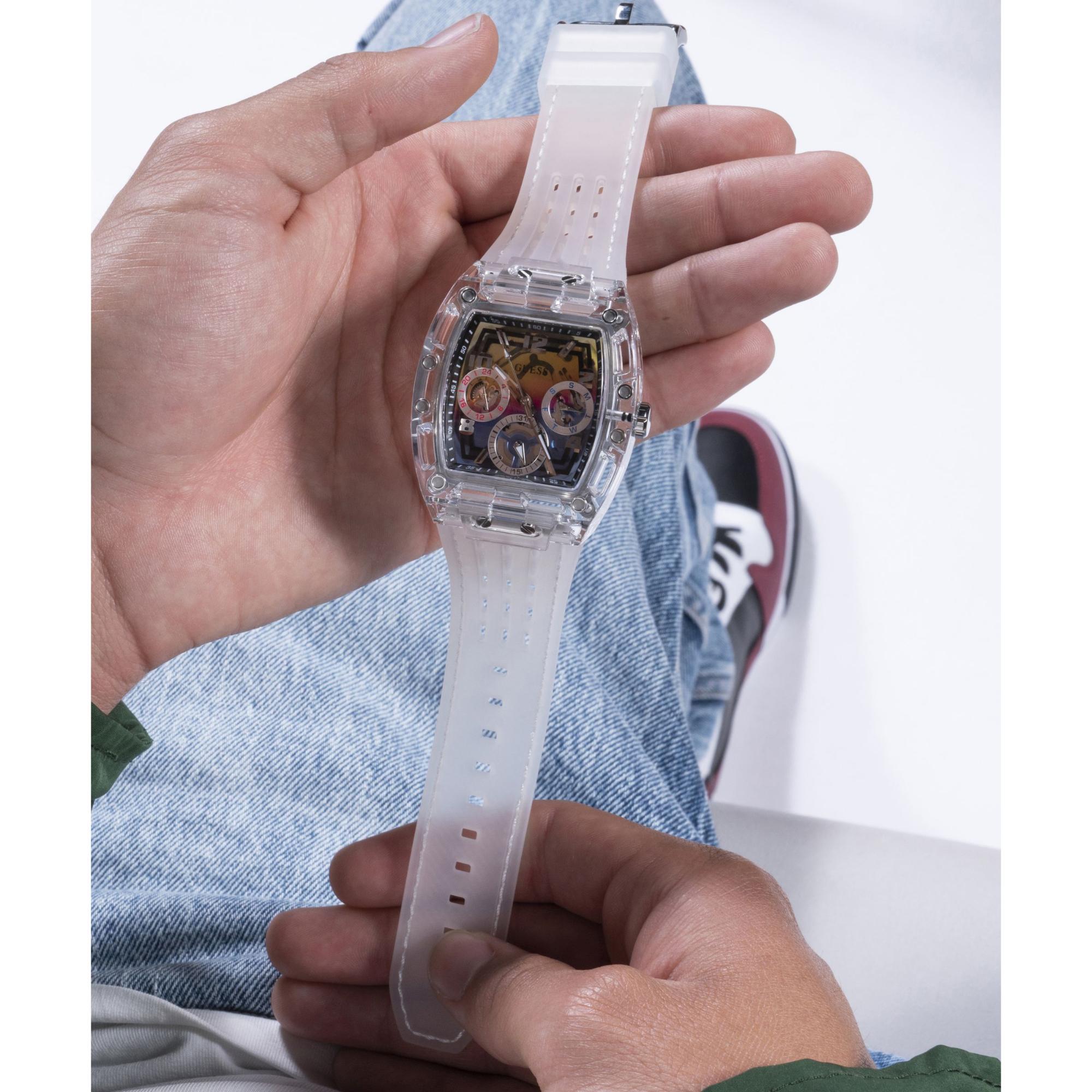 GUESS Men’s Clear Multi-Function Watch with Stainless Steel Strap GW0499G3
