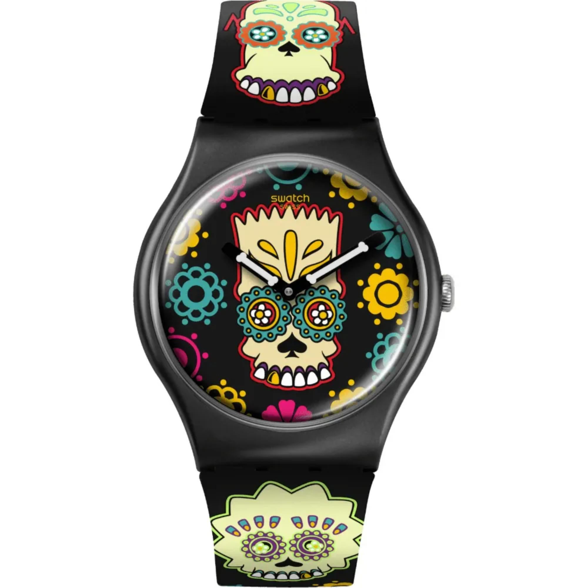 Swatch x The Simpsons (41mm) D'OH OF THE DEAD Black Printed Dial Black Printed Strap Watch SO29Z135