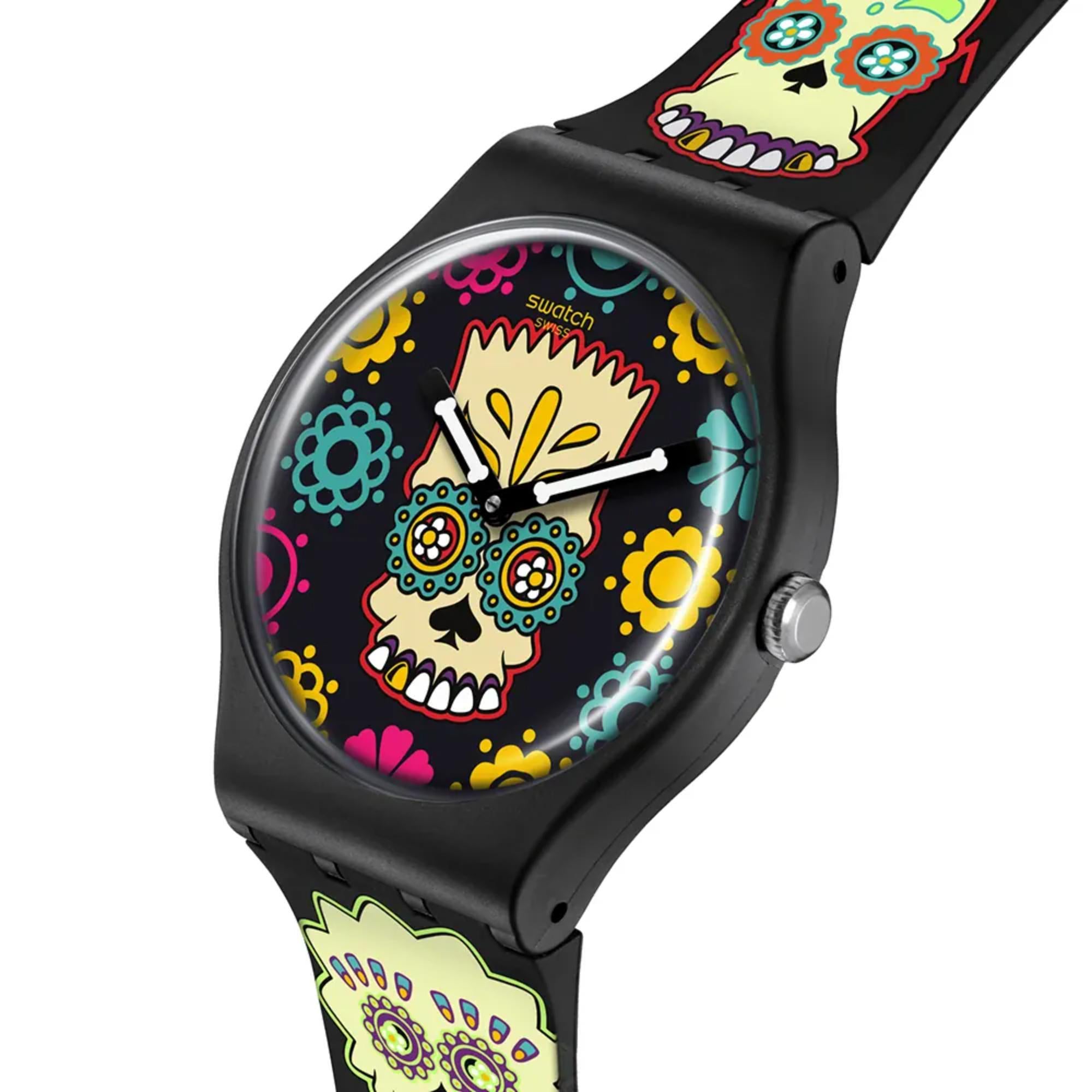 Swatch x The Simpsons (41mm) D'OH OF THE DEAD Black Printed Dial Black Printed Strap Watch SO29Z135