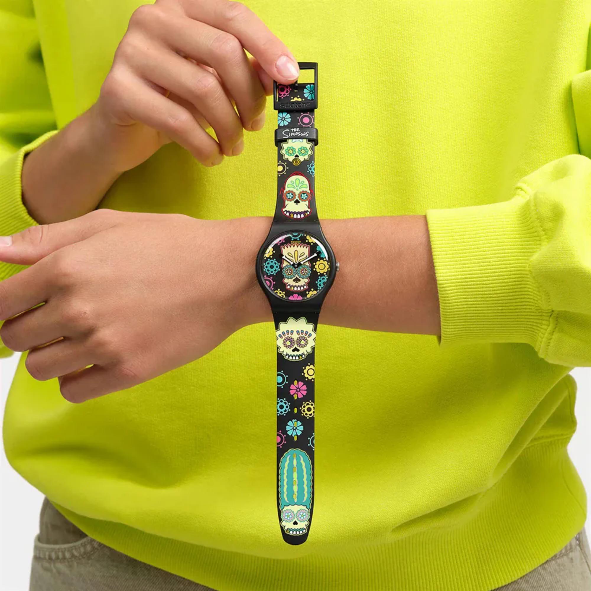 Swatch x The Simpsons (41mm) D'OH OF THE DEAD Black Printed Dial Black Printed Strap Watch SO29Z135