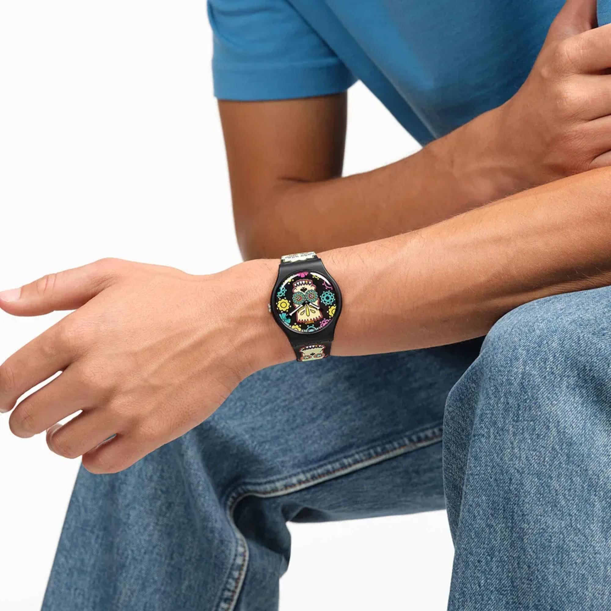 Swatch x The Simpsons (41mm) D'OH OF THE DEAD Black Printed Dial Black Printed Strap Watch SO29Z135