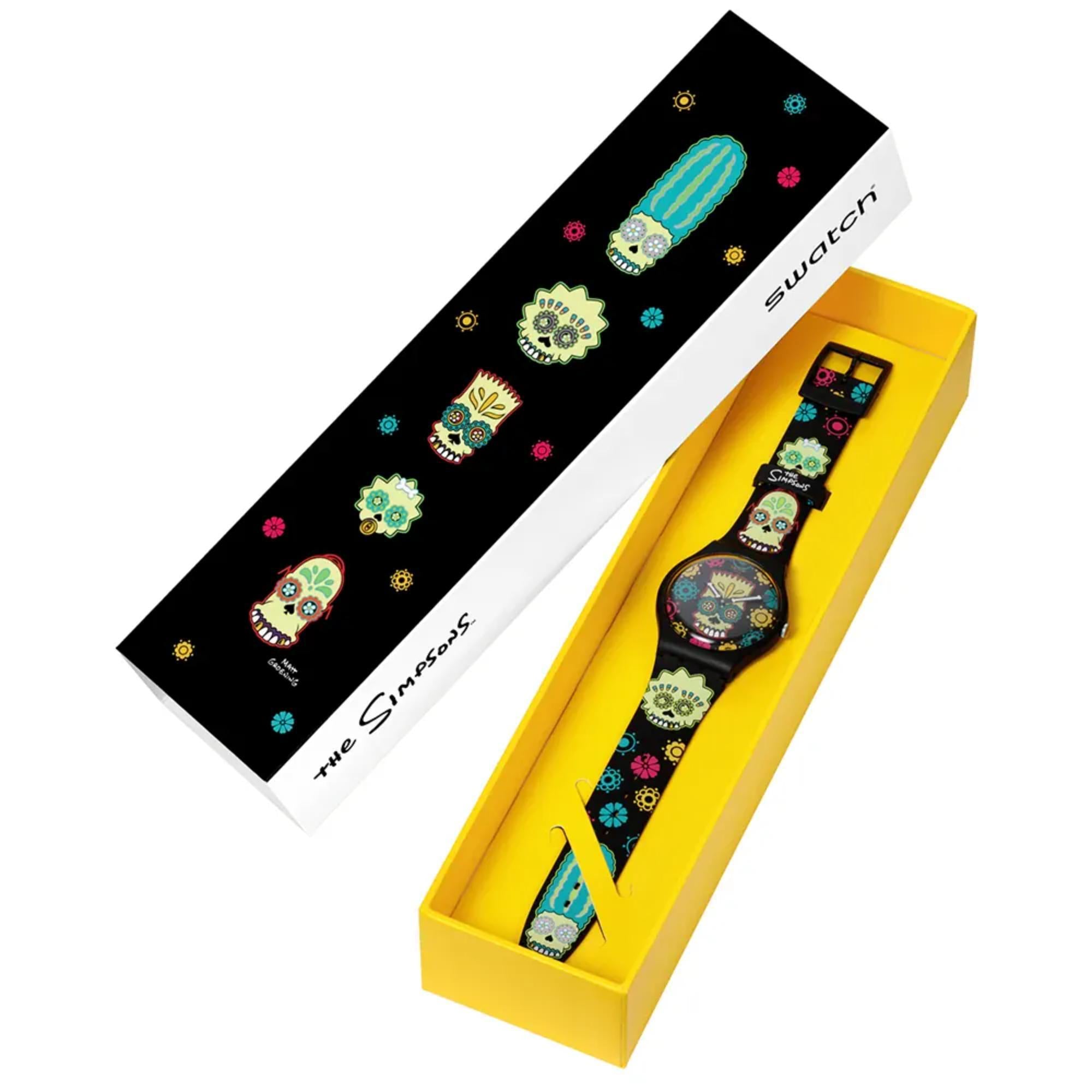 Swatch x The Simpsons (41mm) D'OH OF THE DEAD Black Printed Dial Black Printed Strap Watch SO29Z135