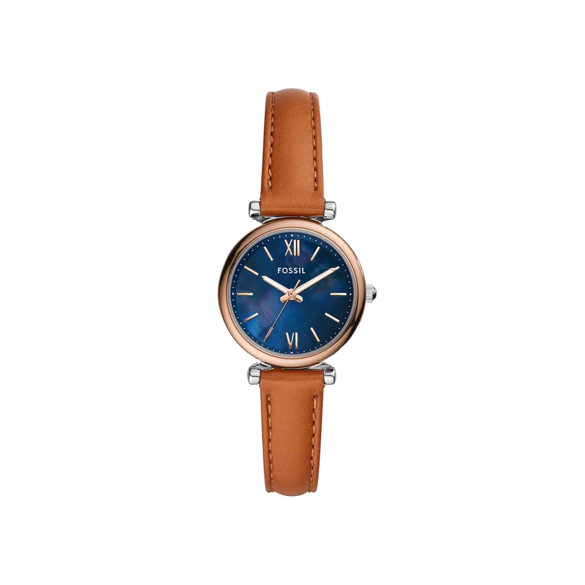 Fossil Carlie Mini Tan Leather Strap Blue Mother of Pearl Dial Women’s Watch ES4701