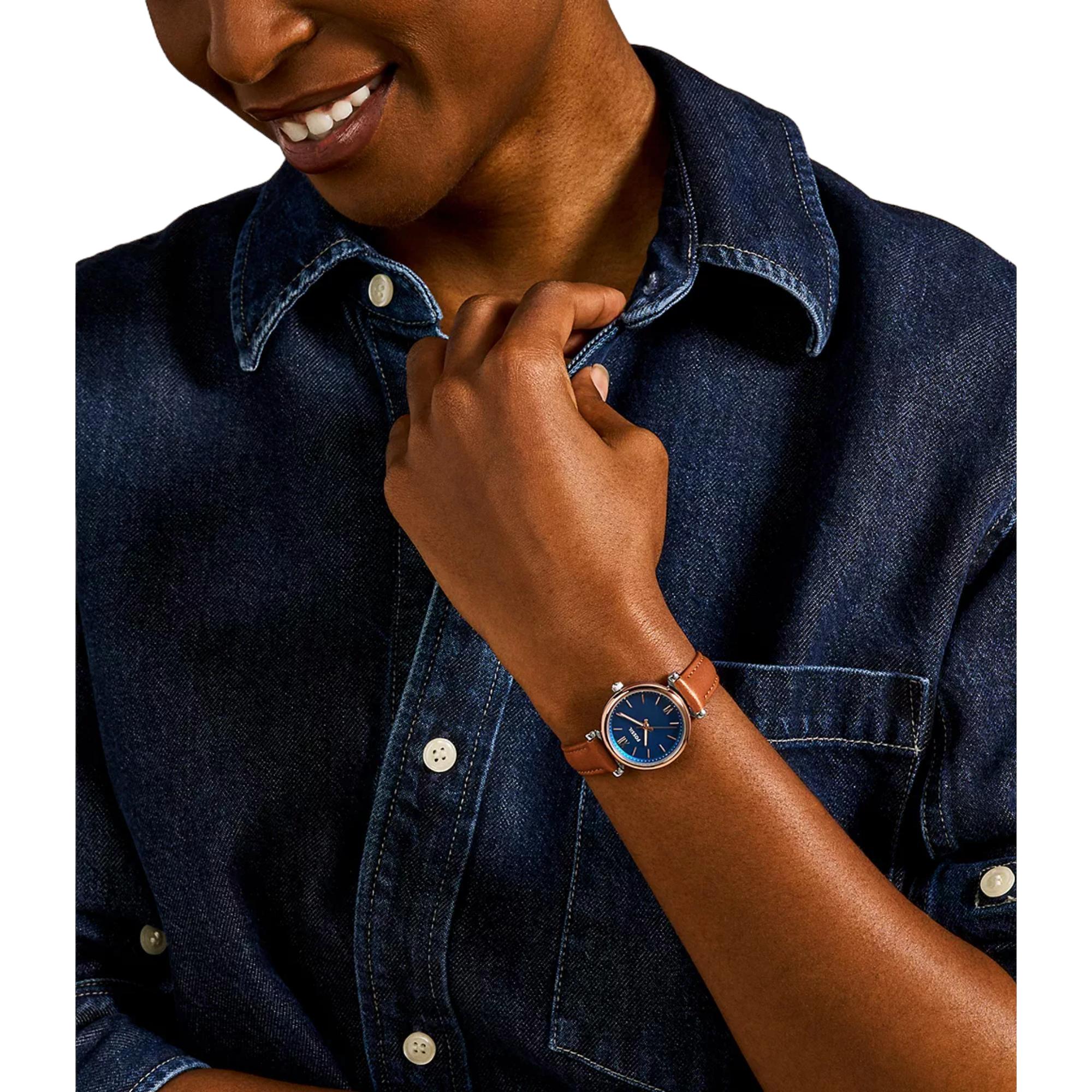 Fossil Carlie Mini Tan Leather Strap Blue Mother of Pearl Dial Women’s Watch ES4701