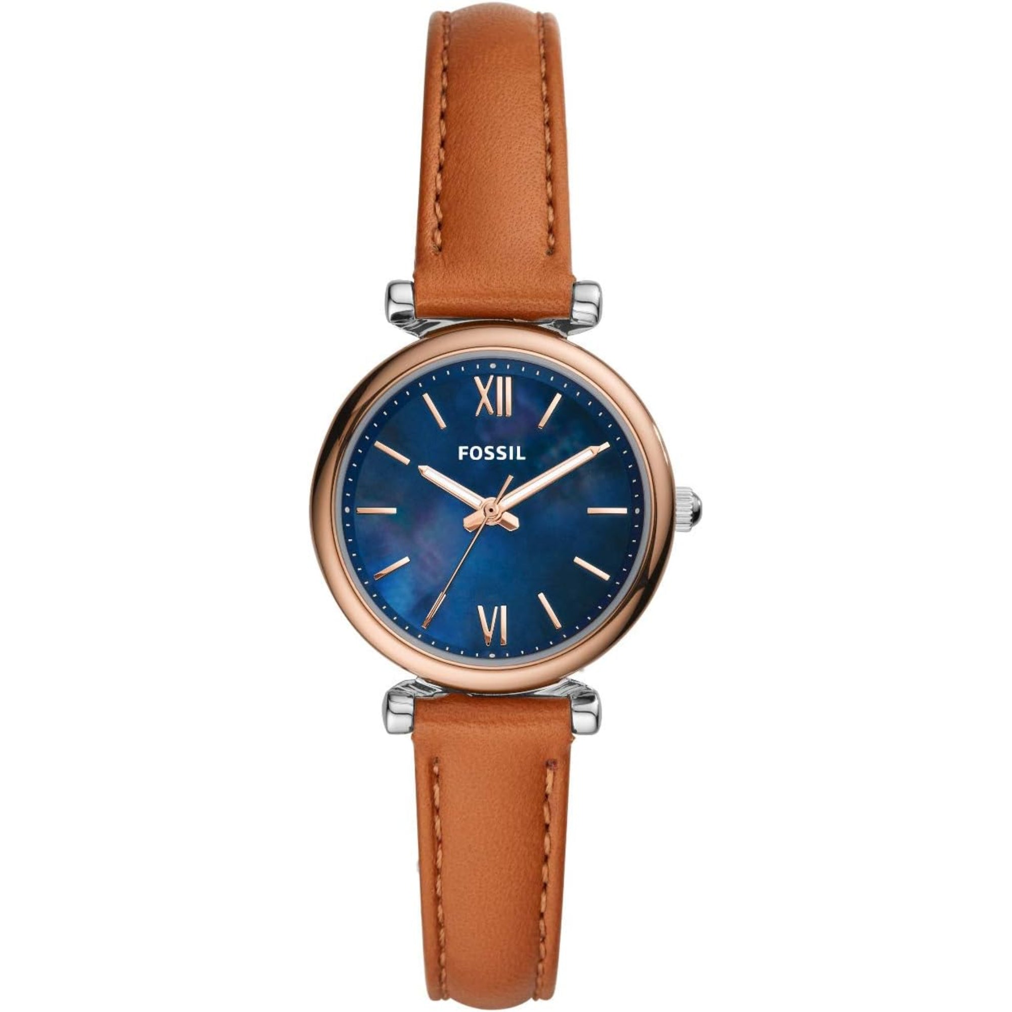 Fossil Carlie Mini Tan Leather Strap Blue Mother of Pearl Dial Women’s Watch ES4701