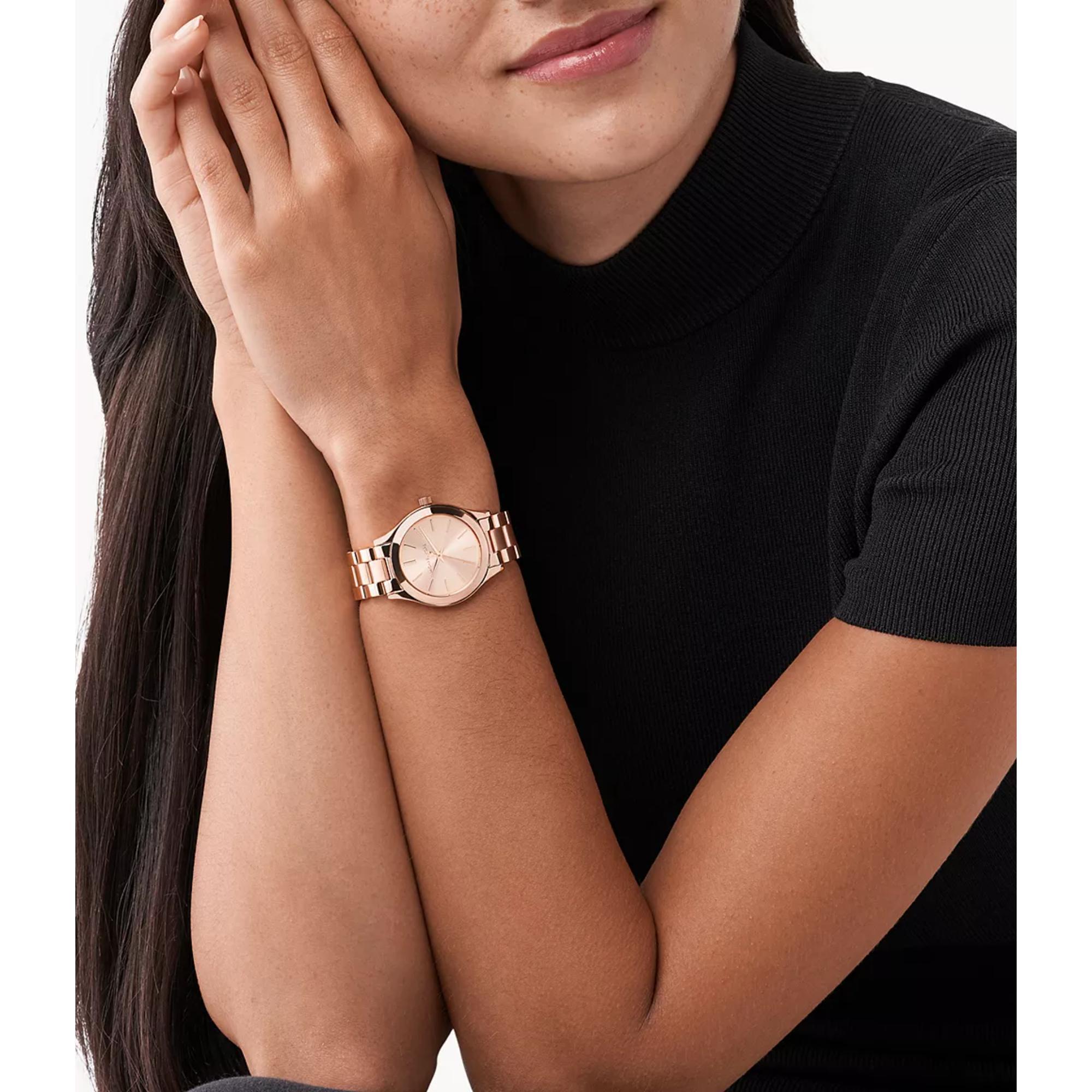 Michael Kors Mini Slim Runway Rose Gold-Tone Stainless Steel Strap Rose Gold Dial Women’s Watch MK3513