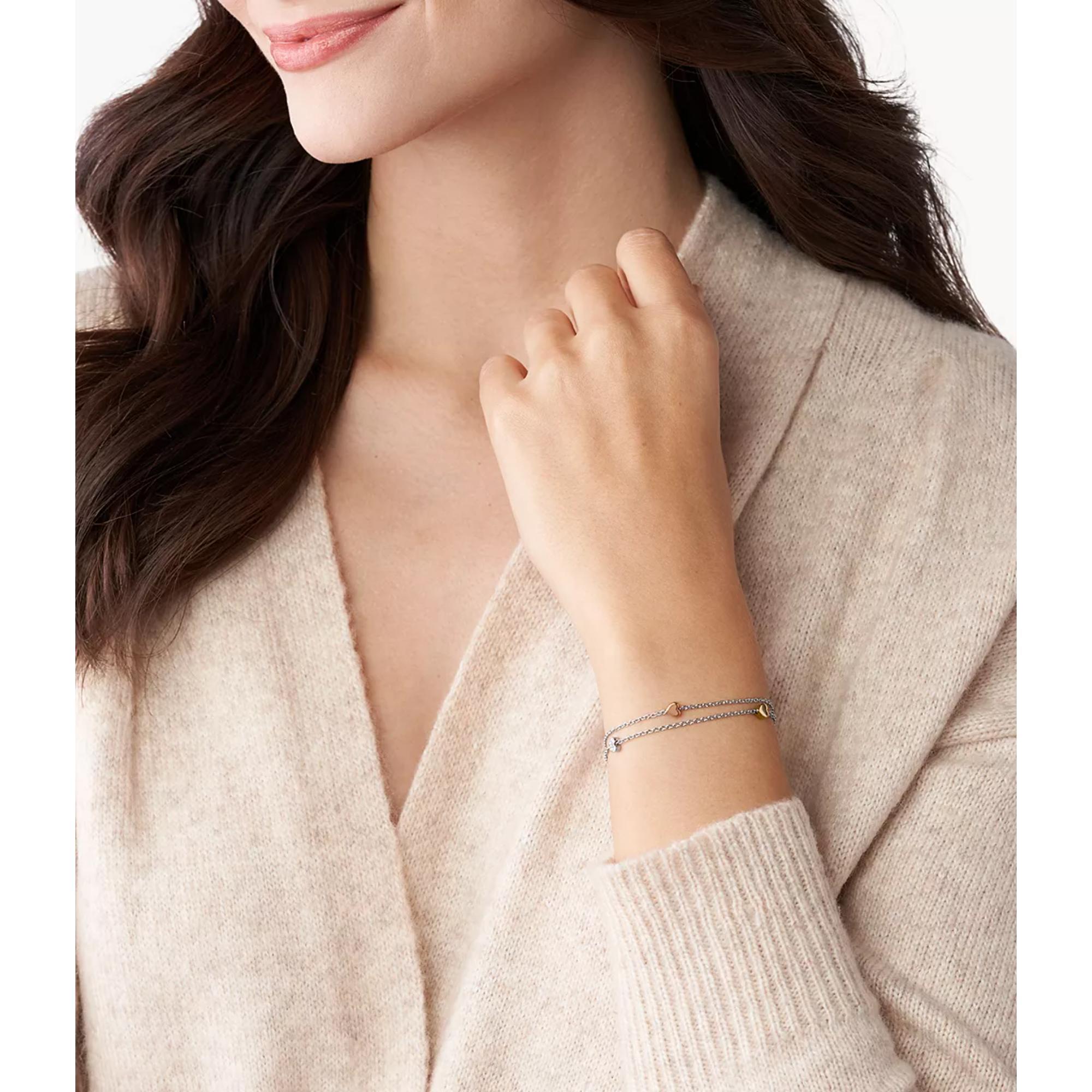 Fossil Heart Tri-Tone Stainless Steel Double-Chain Women’s Bracelet JF02854998