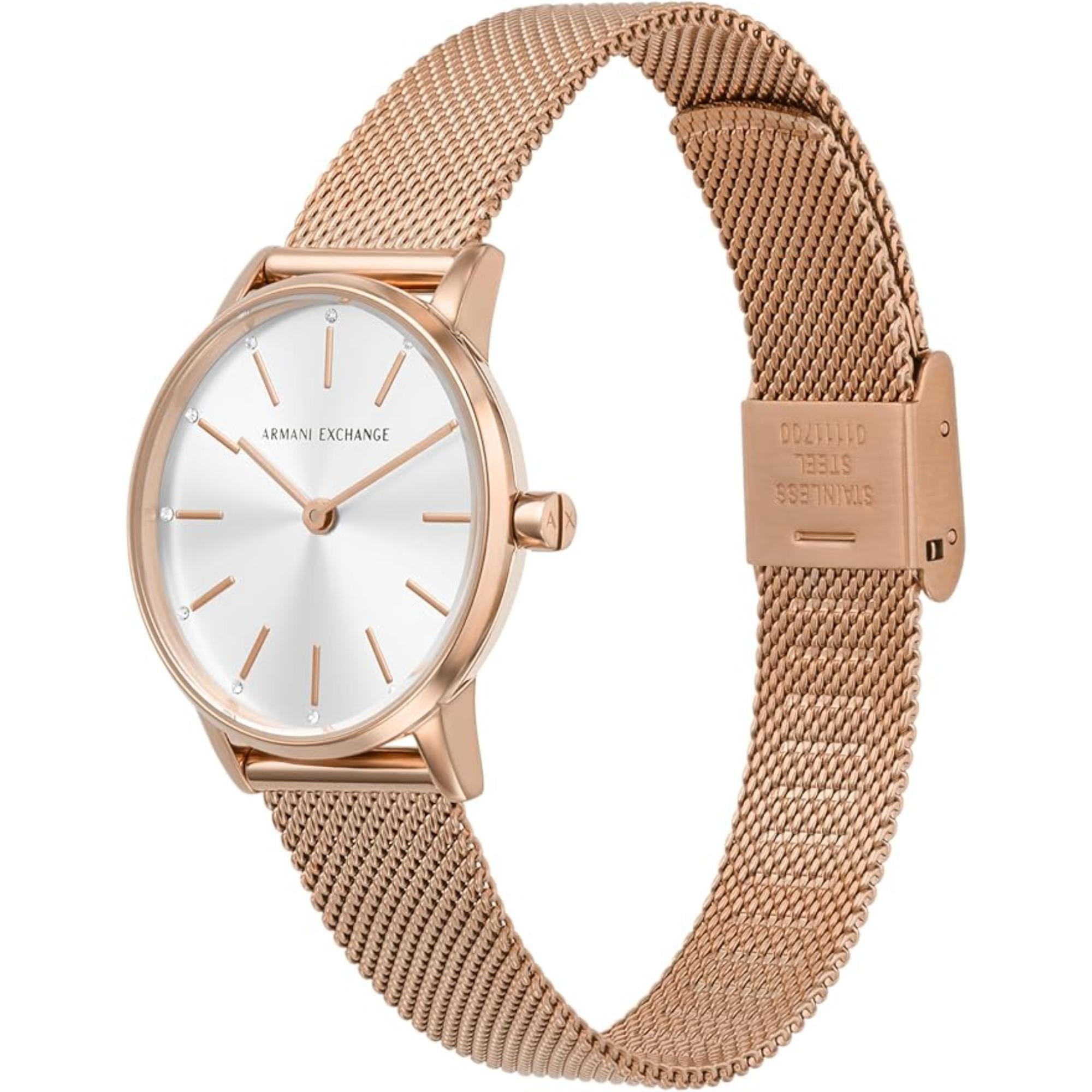Armani Exchange Two-Hand Rose Gold-Tone Stainless Steel Strap Silver Dial Women's Watch and Bracelet Gift Set AX7121