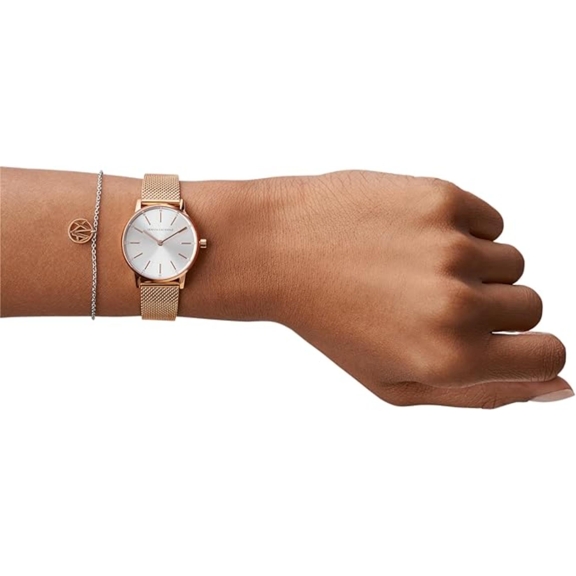 Armani Exchange Two-Hand Rose Gold-Tone Stainless Steel Strap Silver Dial Women's Watch and Bracelet Gift Set AX7121