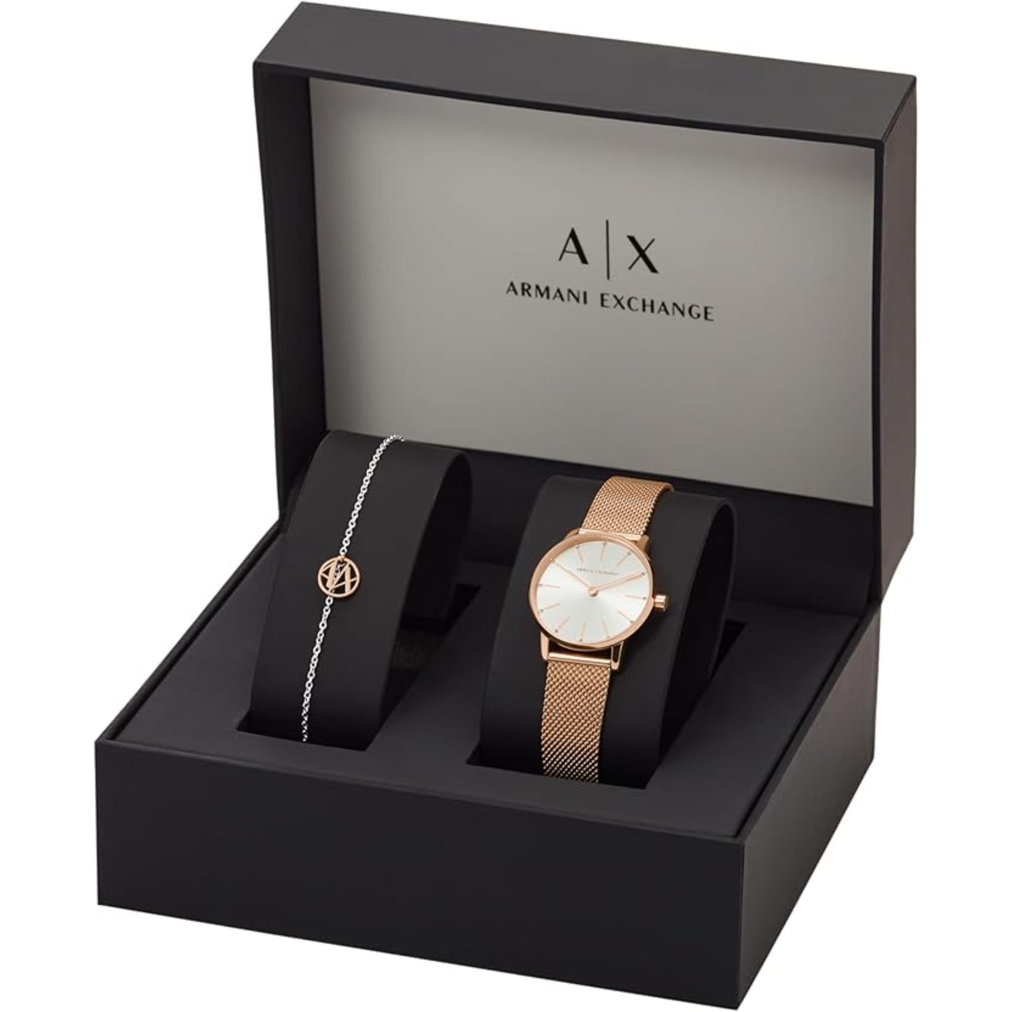 Armani Exchange Two-Hand Rose Gold-Tone Stainless Steel Strap Silver Dial Women's Watch and Bracelet Gift Set AX7121