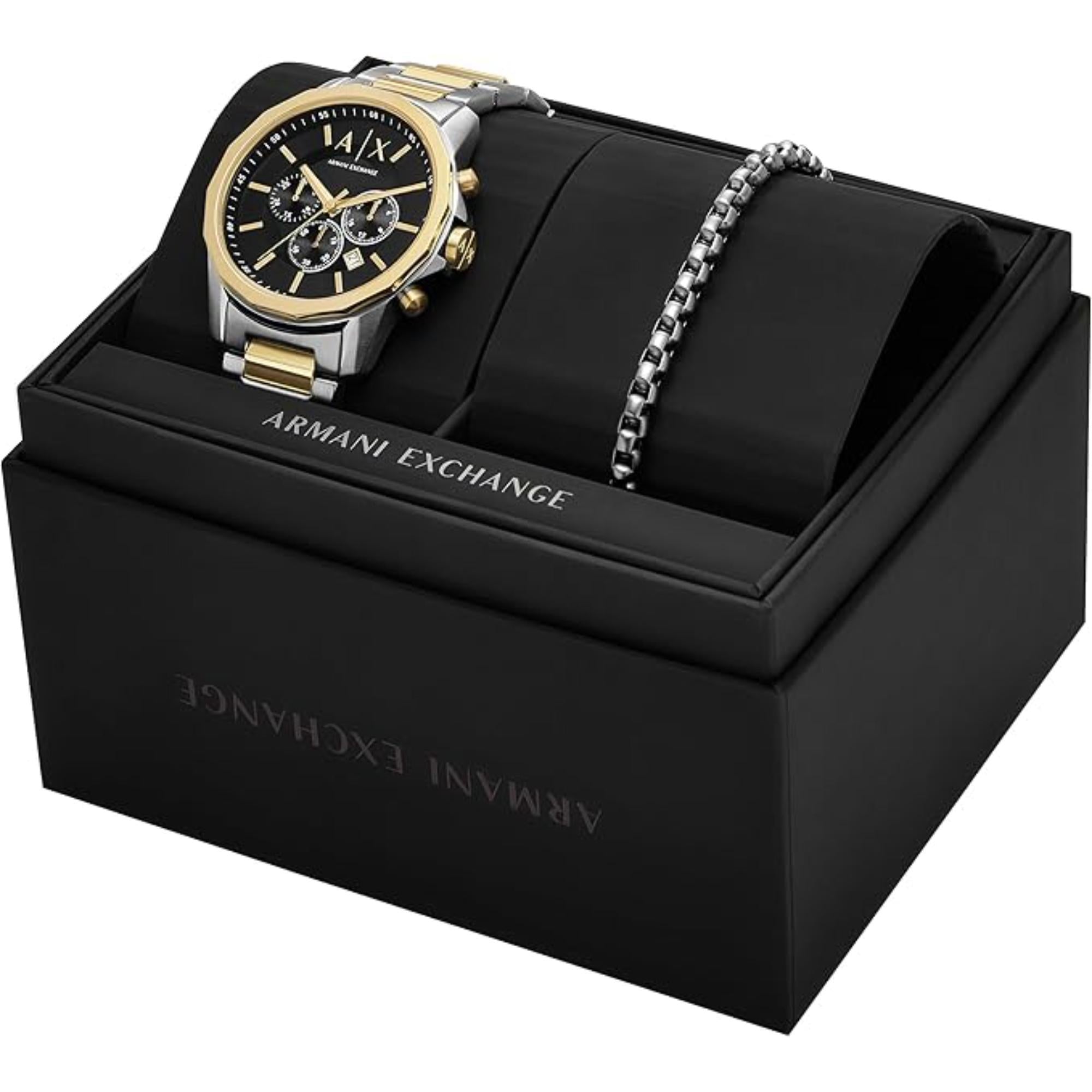 Armani Exchange Banks Chronograph Quartz Black Dial Stainless Steel Strap Men's Watch and Bracelet Set AX7148SET