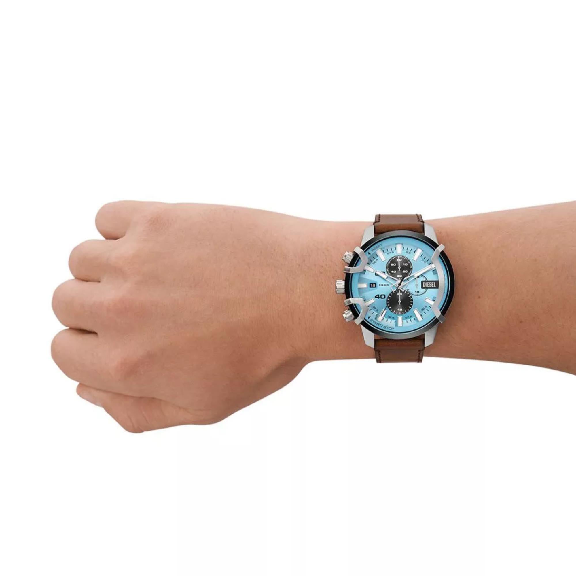 Diesel Griffed Chronograph Blue Dial Brown Leather Men's Watch DZ4656