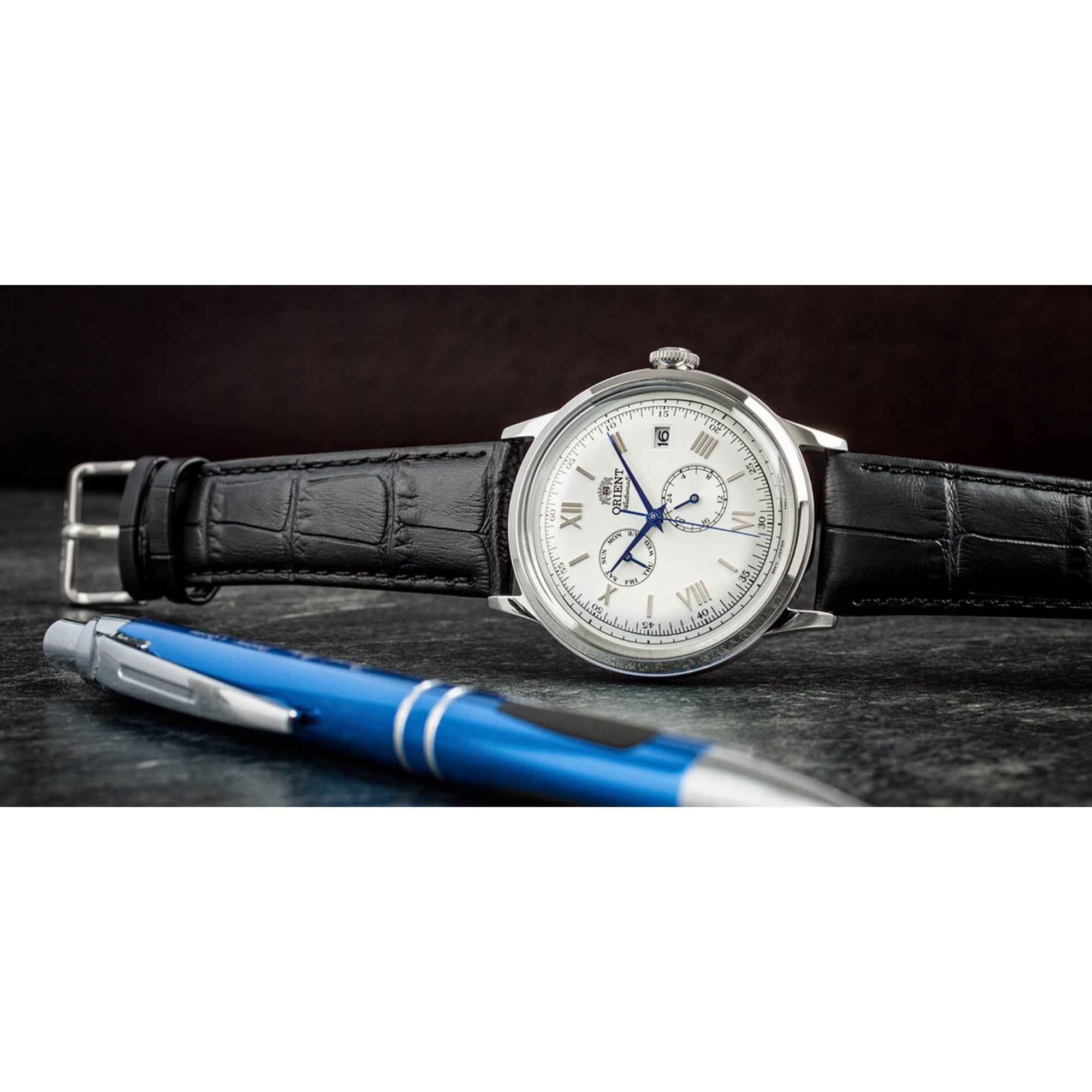 Orient Bambino Version 8 Classic Vintage Style Automatic White Dial Leather Strap Men’s Dress Watch RA-AK0701S30B