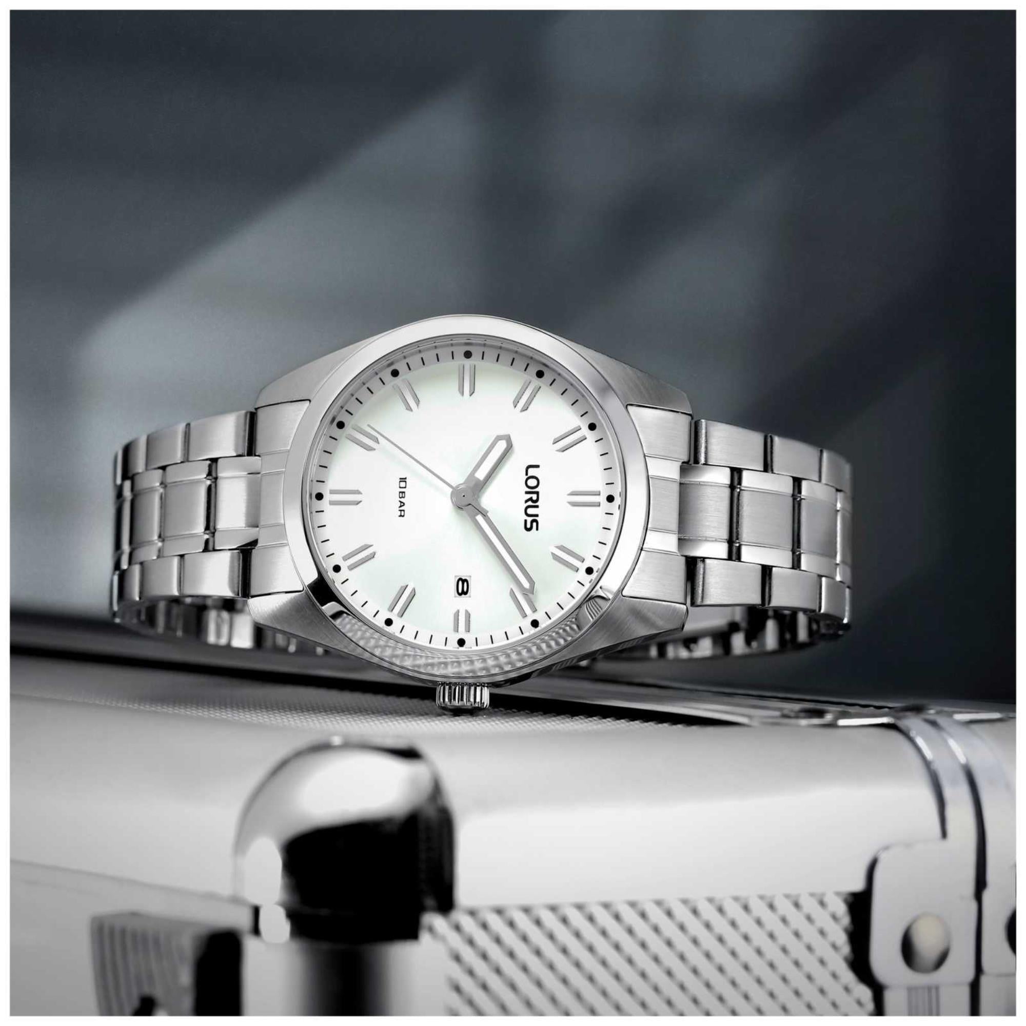 Lorus Sports Date Stainless Steel White Sunray Dial Men's Watch RH977PX9