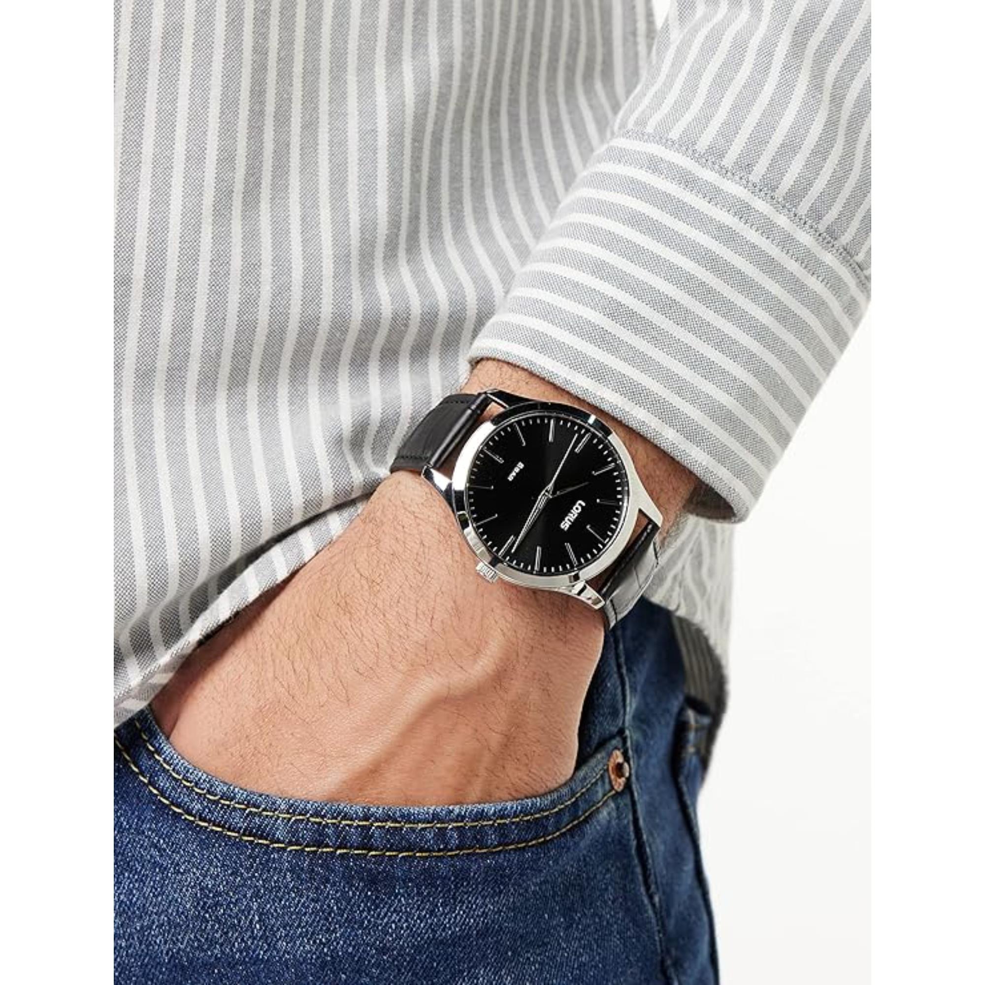Lorus Black Leather Strap Black Dial Men’s Watch RRX71HX9