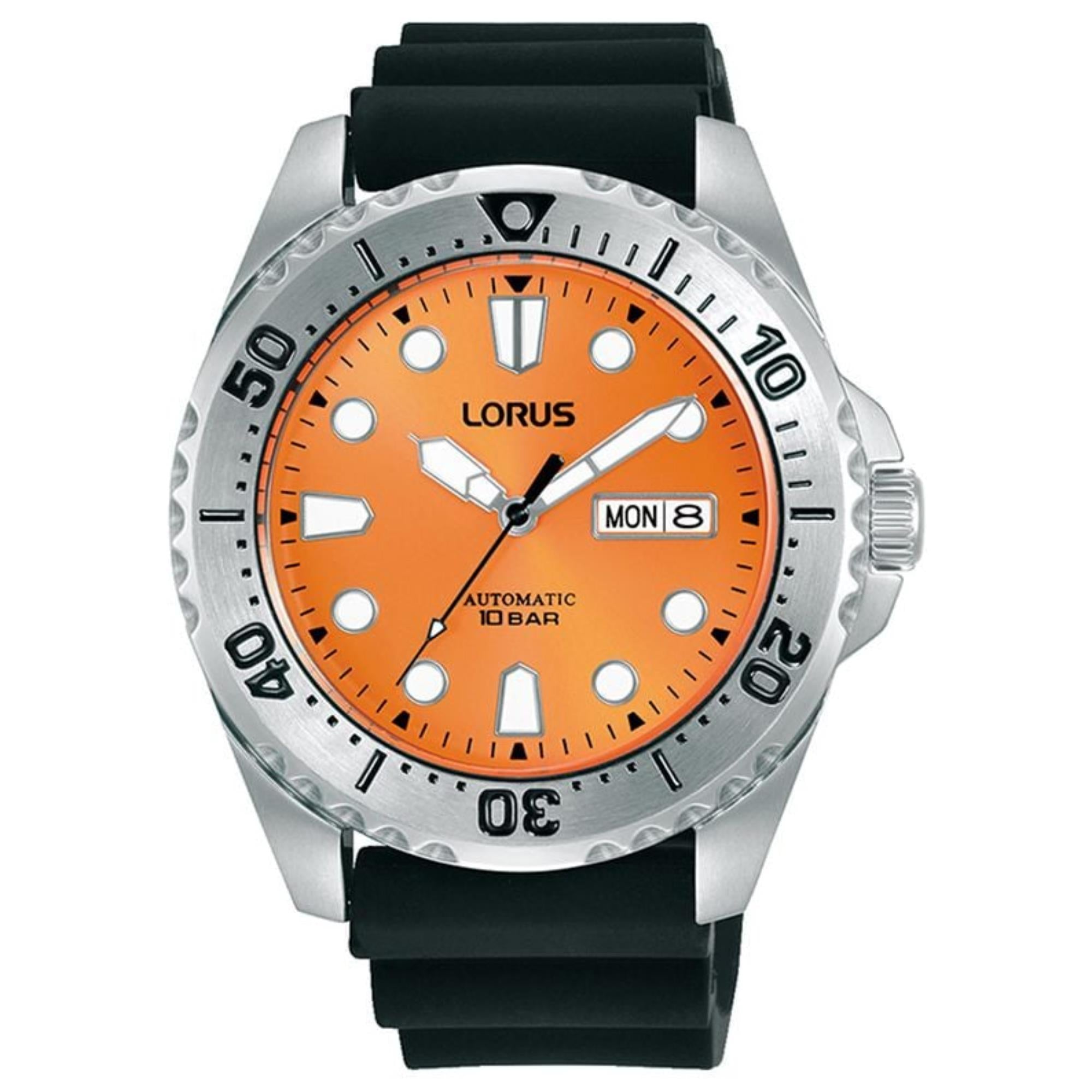 Lorus Men’s Automatic Orange Dial Black Silicone Strap Watch RL479BX9 (44mm)
