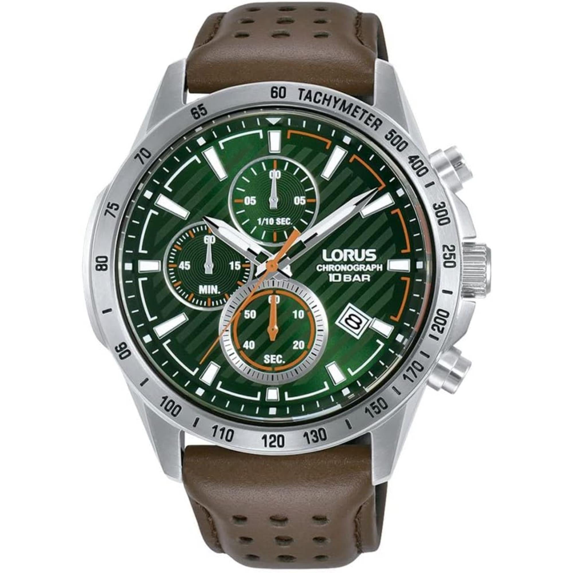 Lorus Chronograph Green Dial Brown Leather Strap Men's Watch RM303JX9