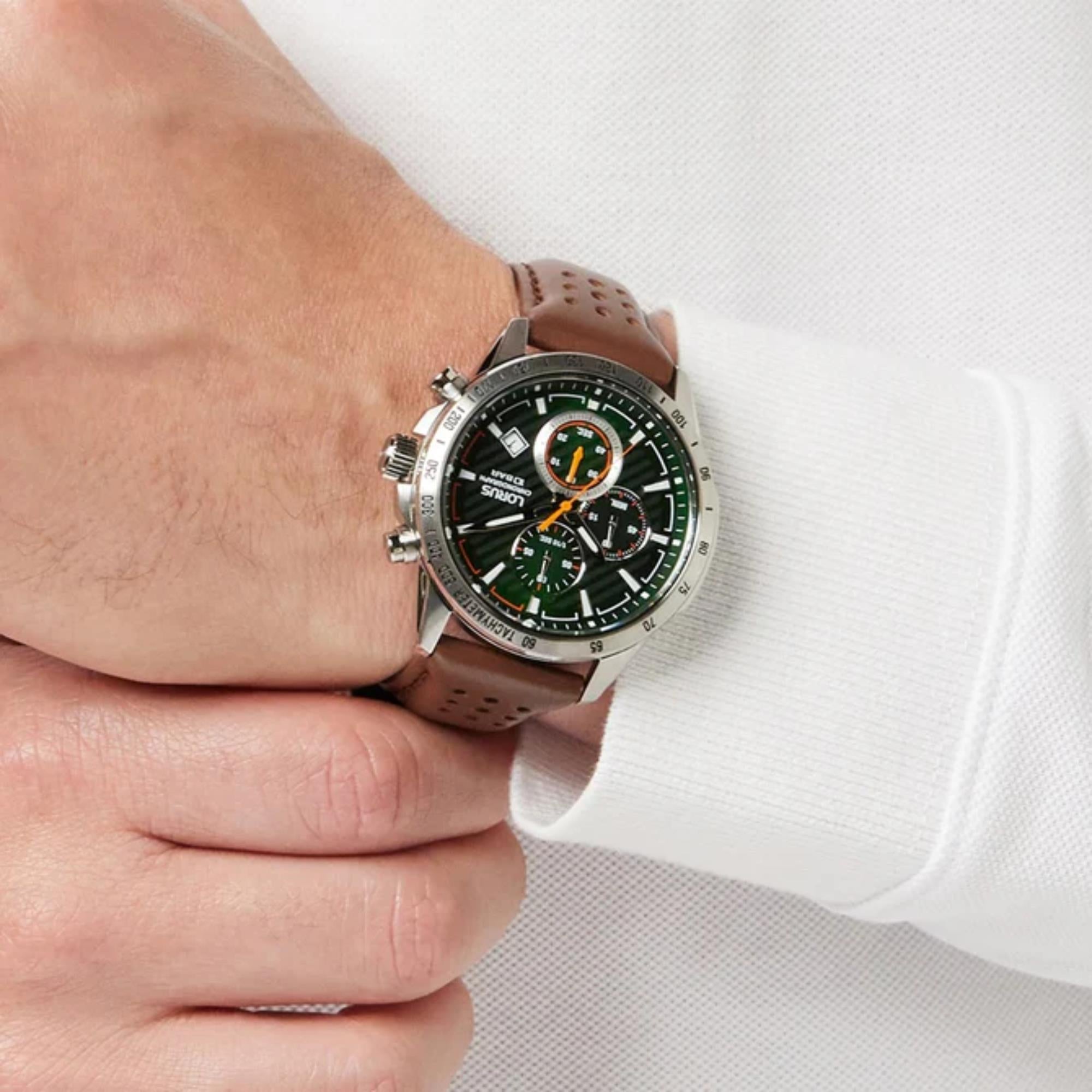 Lorus Chronograph Green Dial Brown Leather Strap Men's Watch RM303JX9