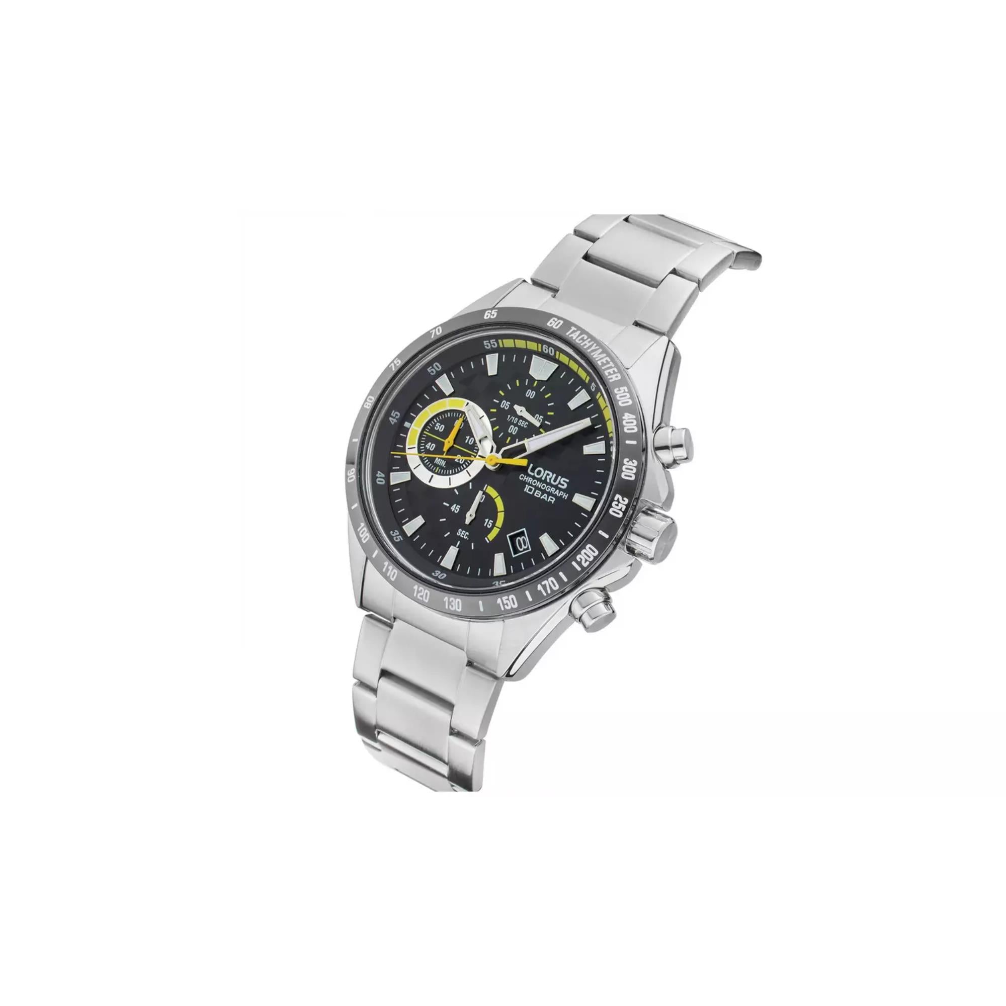 Lorus Chronograph Men's Watch Black Sunray Dial Yellow Highlights Stainless Steel Strap RM397HX9