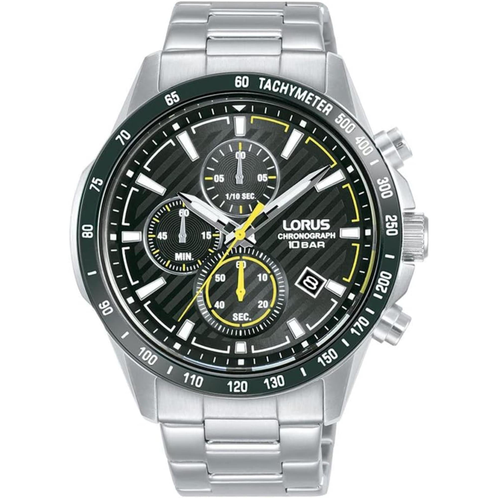 Lorus Chronograph Men's Watch Black Sunray Dial Yellow Highlights Stainless Steel Strap RM397HX9