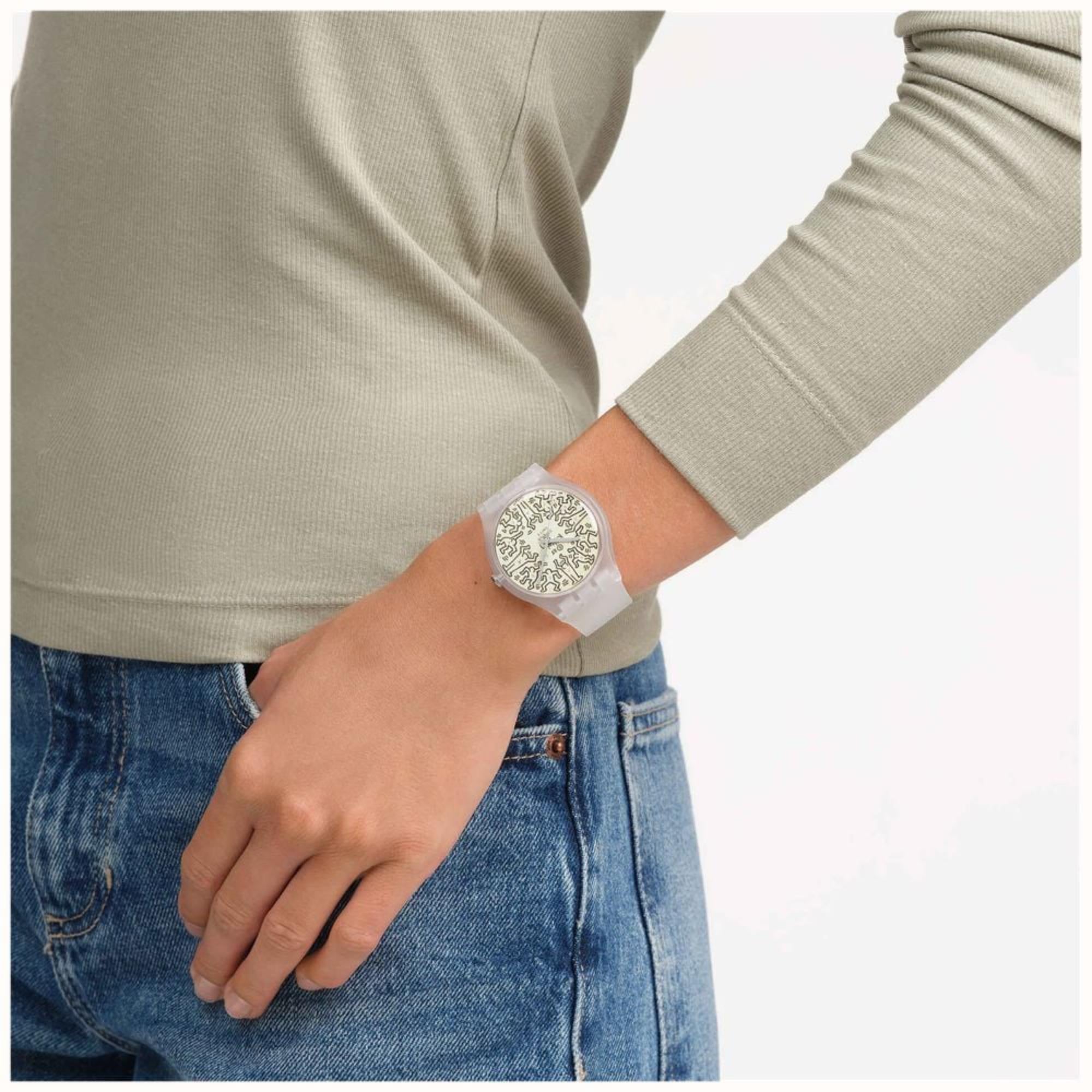 Swatch Quartz Break Free FROM THE ARCHIVE Beige Illustrated Dial Transparent Silicone Strap SO29Z145