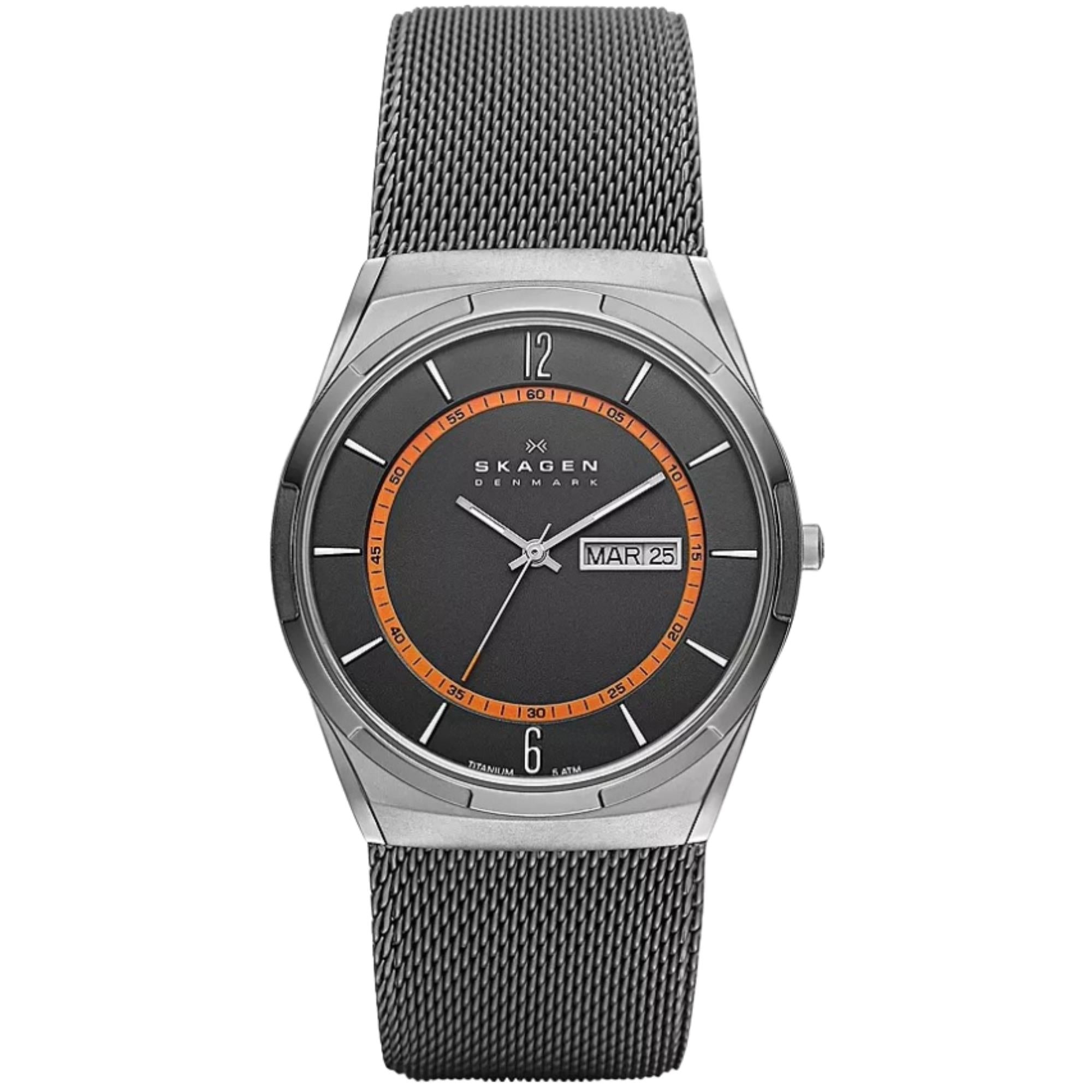 Skagen Melbye Titanium and Charcoal Steel Mesh Day-Date Men’s Watch SKW6007