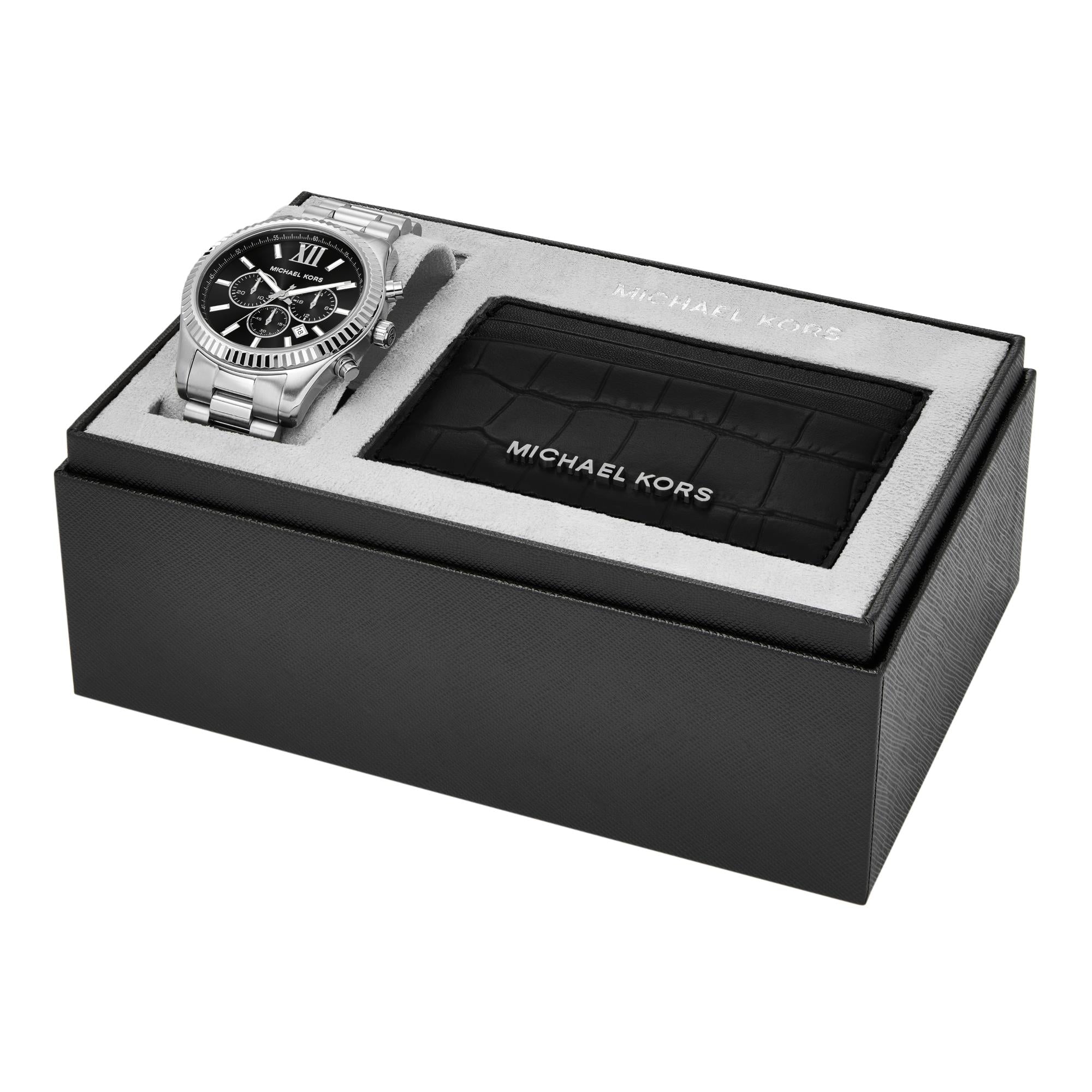 Michael Kors Lexington Chronograph Stainless Steel Black Dial Men’s Watch and Card Case Gift Set MK1091SET