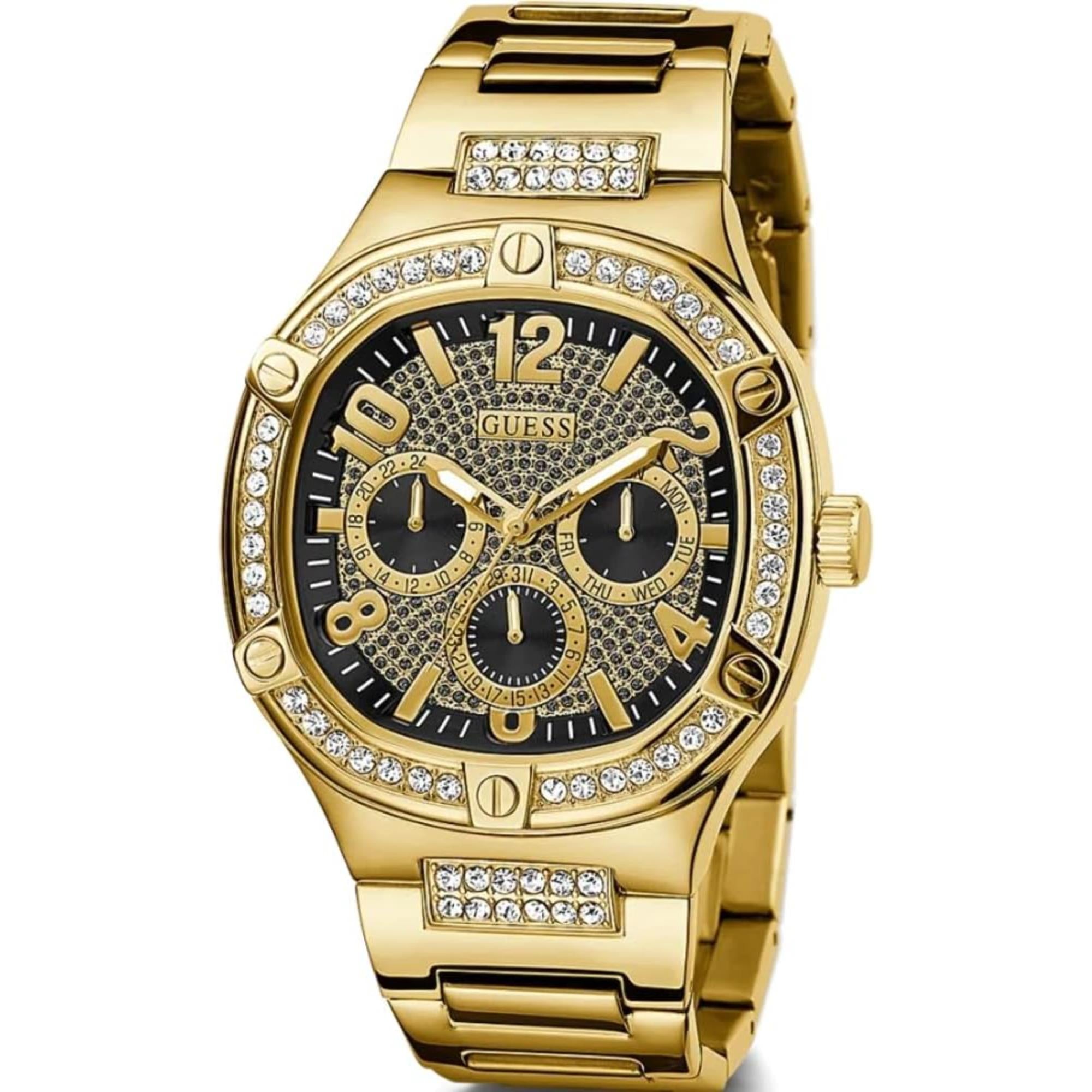 Guess Men's Black and Gold Crystal Dial Gold Tone Stainless Steel Bracelet Watch GW0576G2