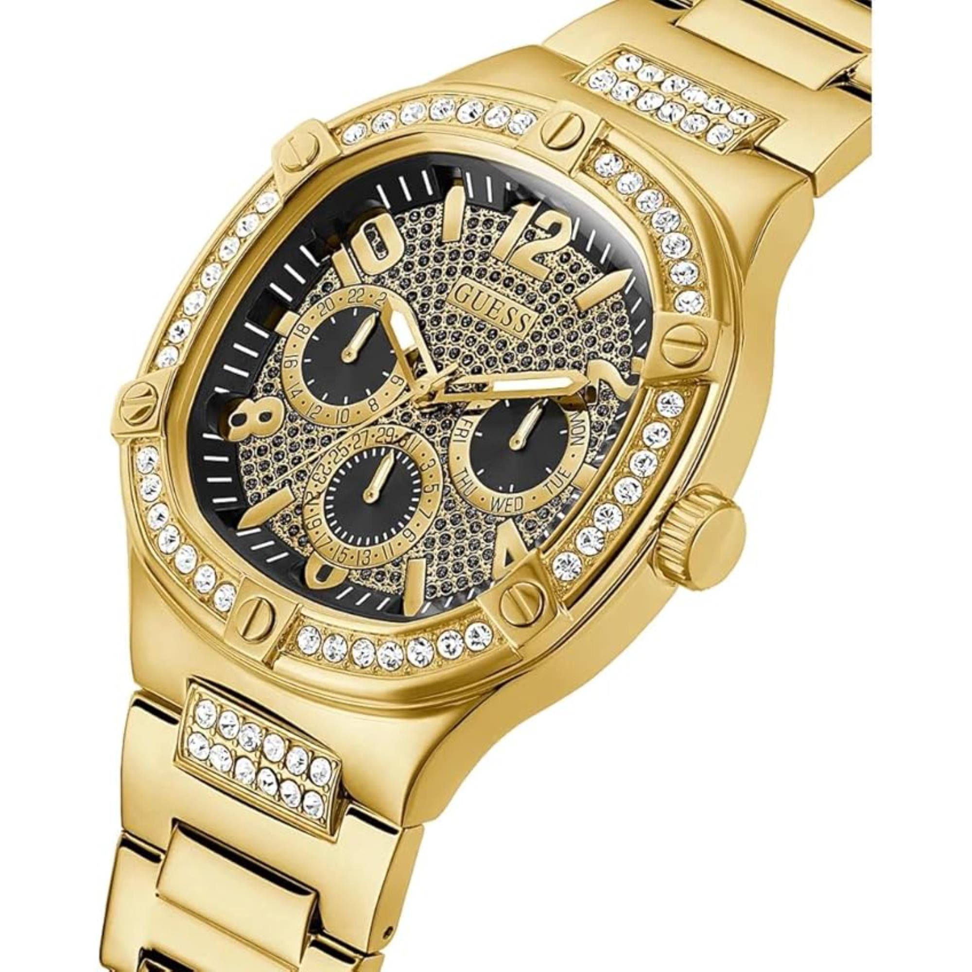 Guess Men's Black and Gold Crystal Dial Gold Tone Stainless Steel Bracelet Watch GW0576G2