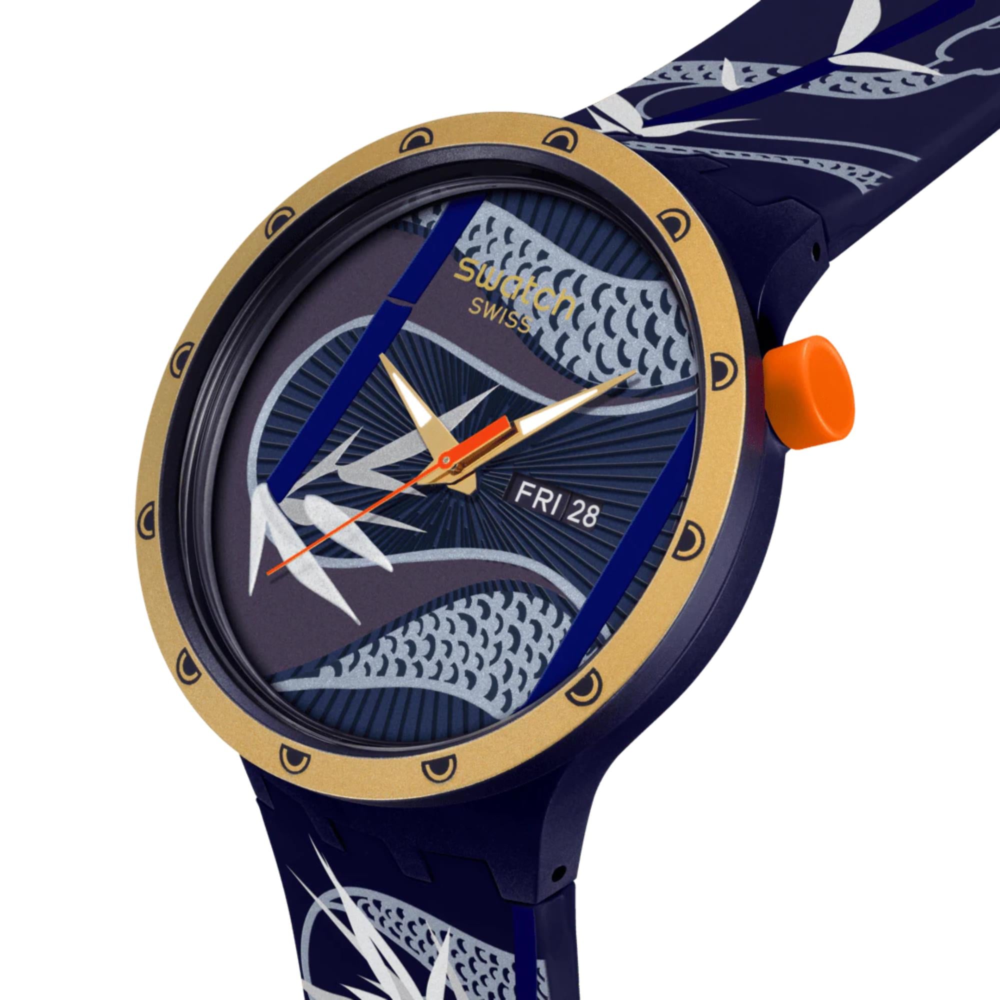 Swatch BIG BOLD Year of the Snake Blue and Golden Lithe Dancer Silicone Strap Blue Dial Men's Watch SB05Z700