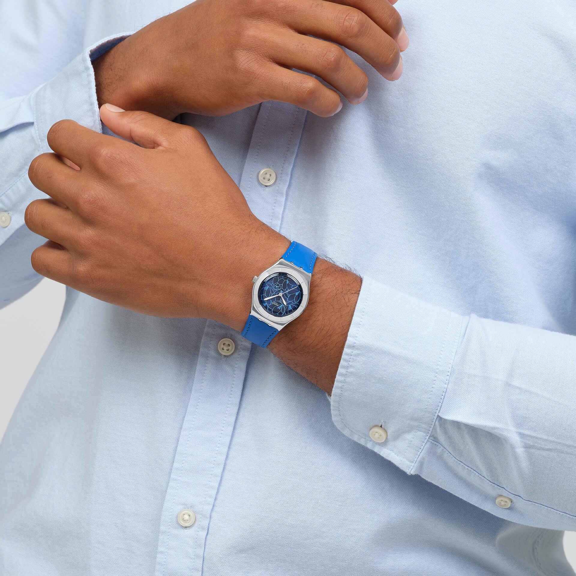 Swatch Blue Petal Promise Blue Dial Leather Strap Unisex Watch YLS235