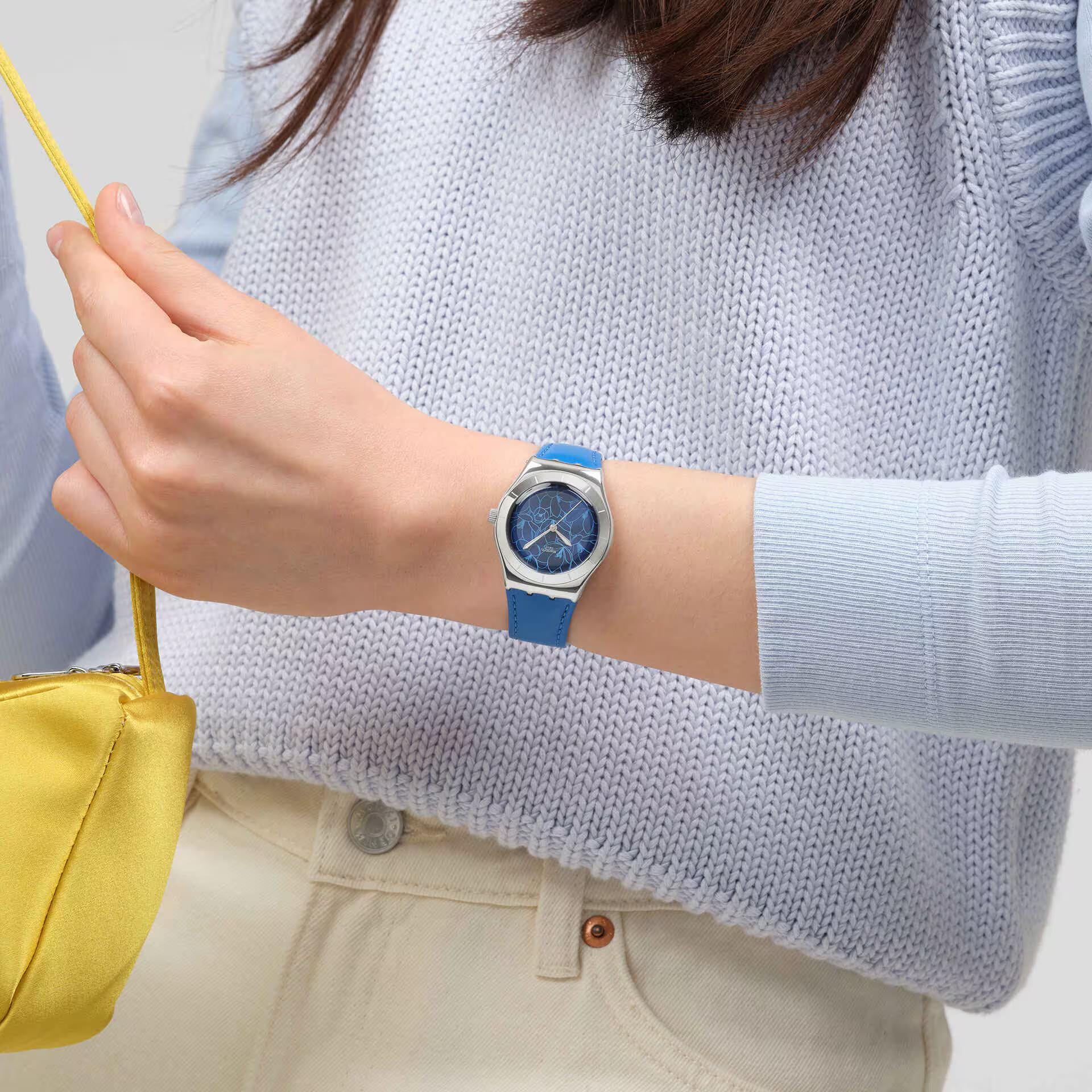 Swatch Blue Petal Promise Blue Dial Leather Strap Unisex Watch YLS235