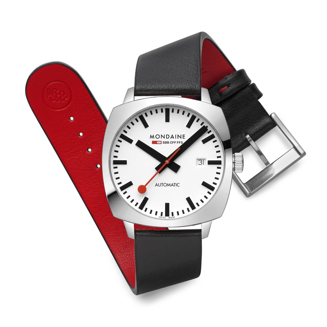 Mondaine Cushion White Dial Vegan Grape Leather Strap Men's Watch MSL.3961B.LBV