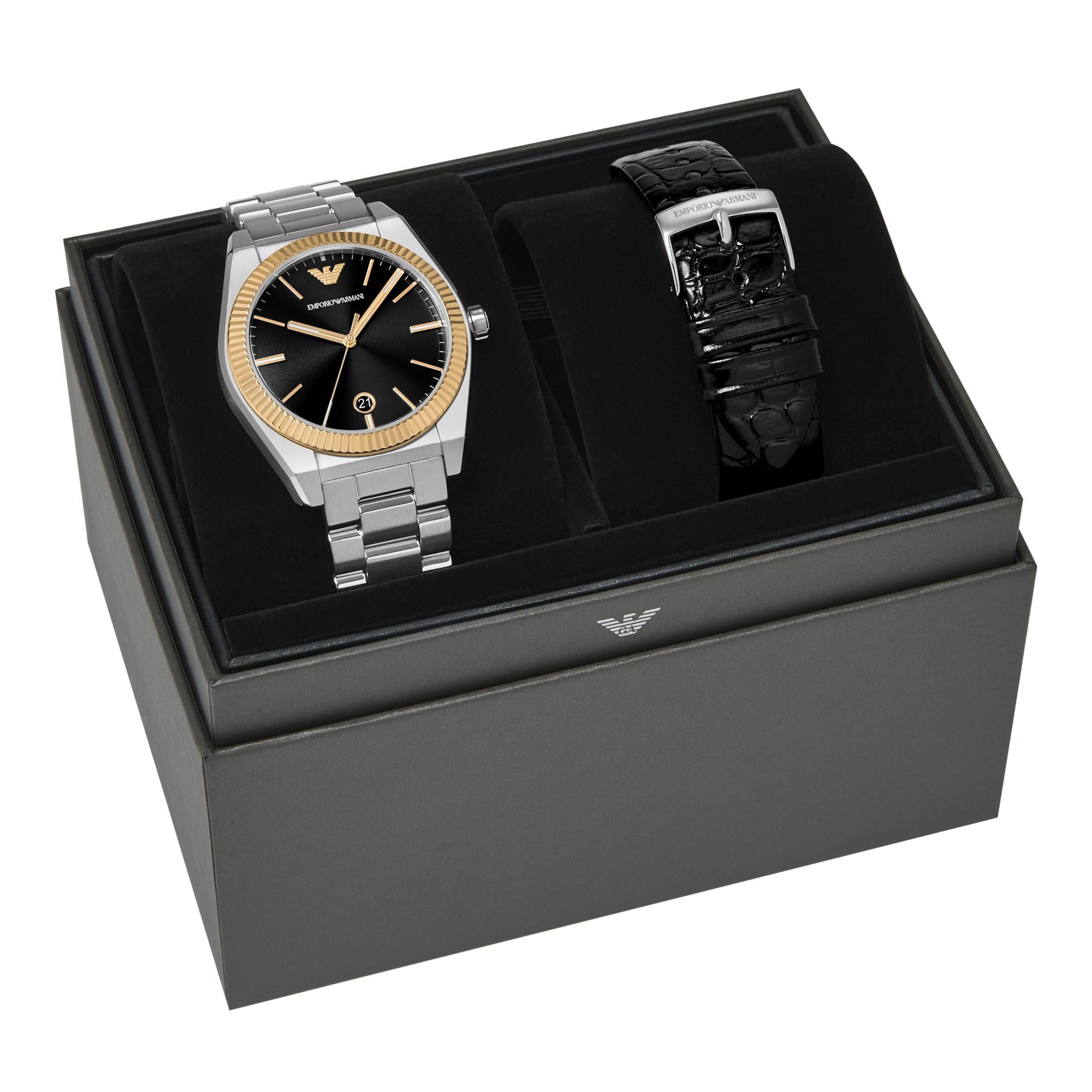 Emporio Armani Black Dial Stainless Steel and Leather Strap Set Men's Watch AR80077SET
