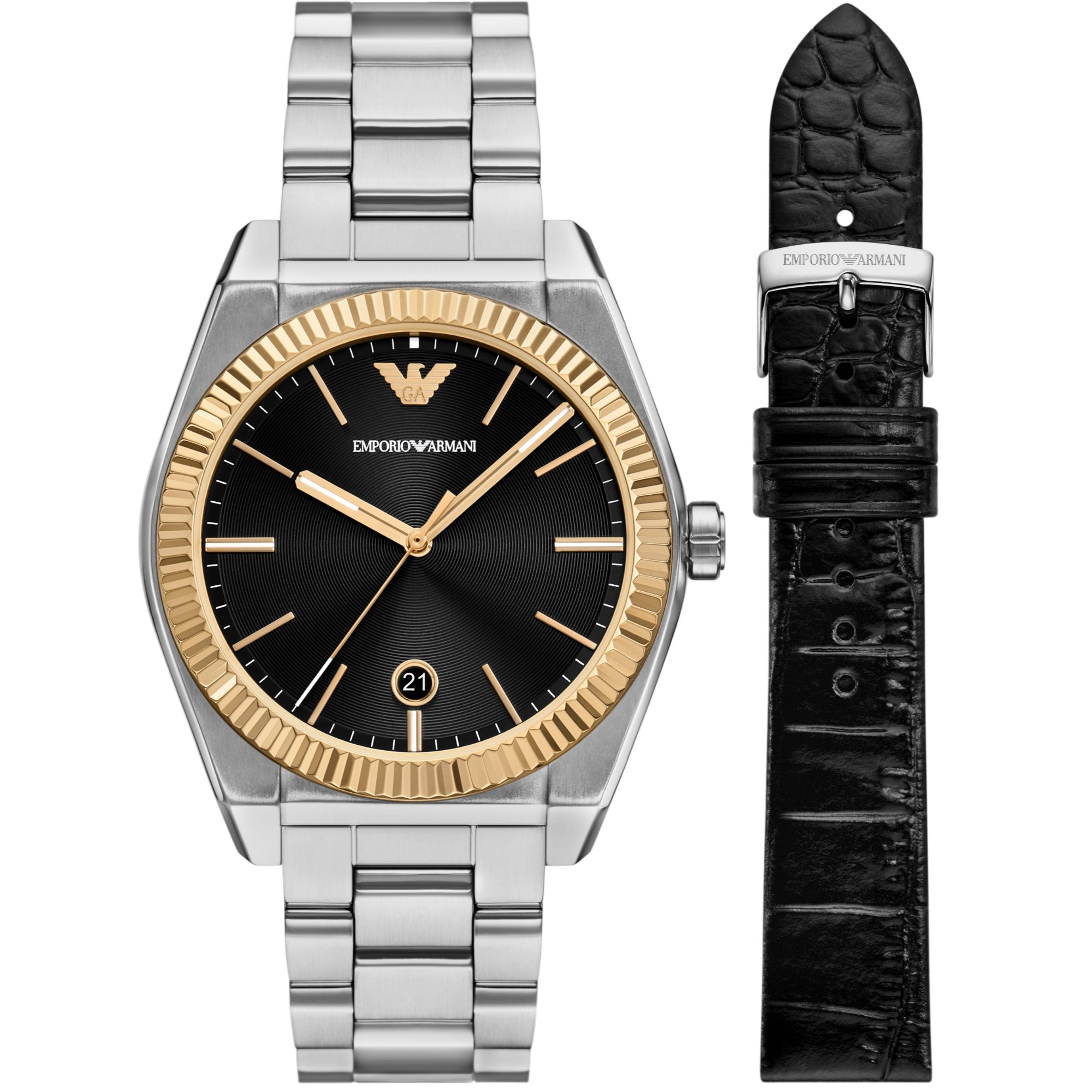 Emporio Armani Black Dial Stainless Steel and Leather Strap Set Men's Watch AR80077SET