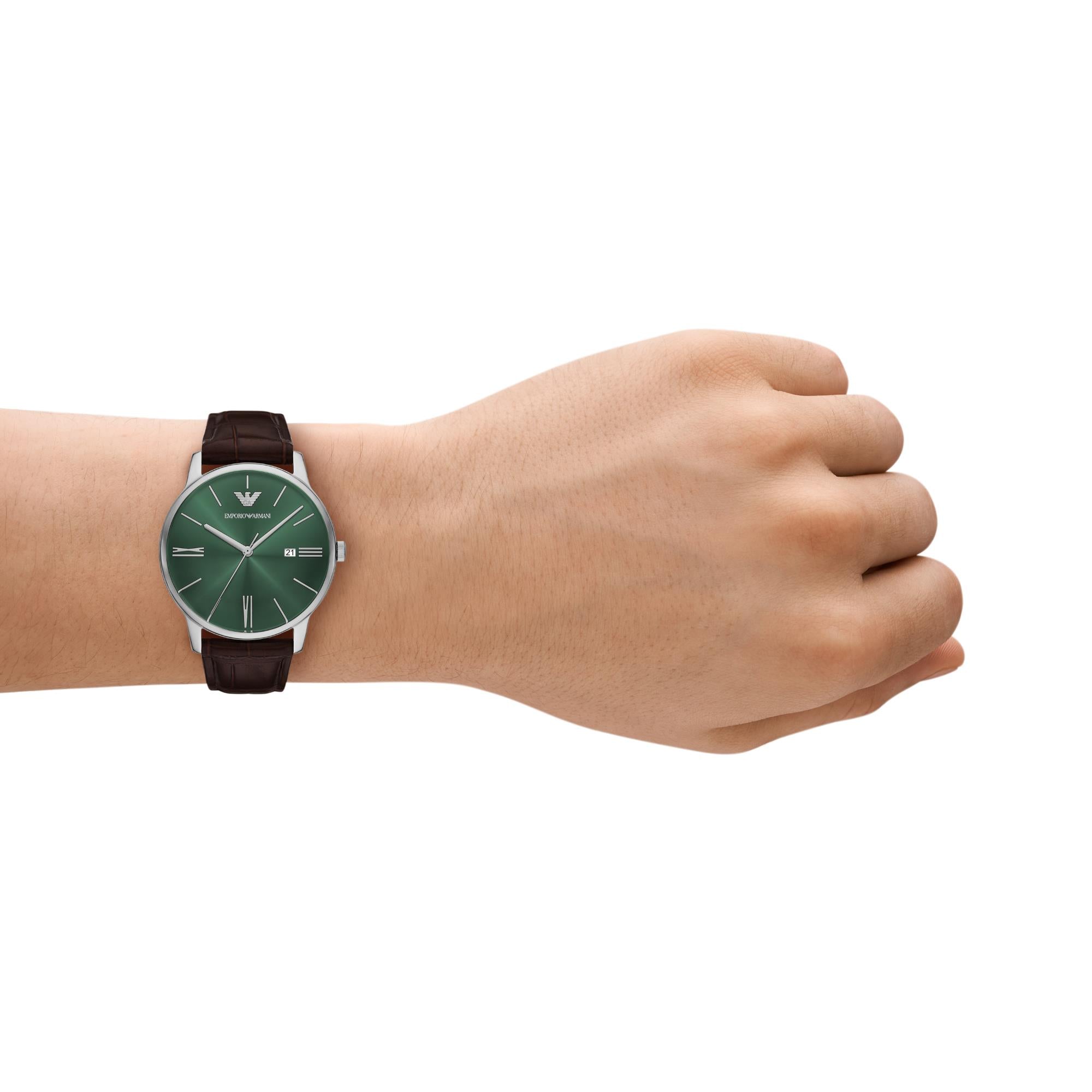 Emporio Armani Green Dial Brown Leather Strap Men's Watch AR11672