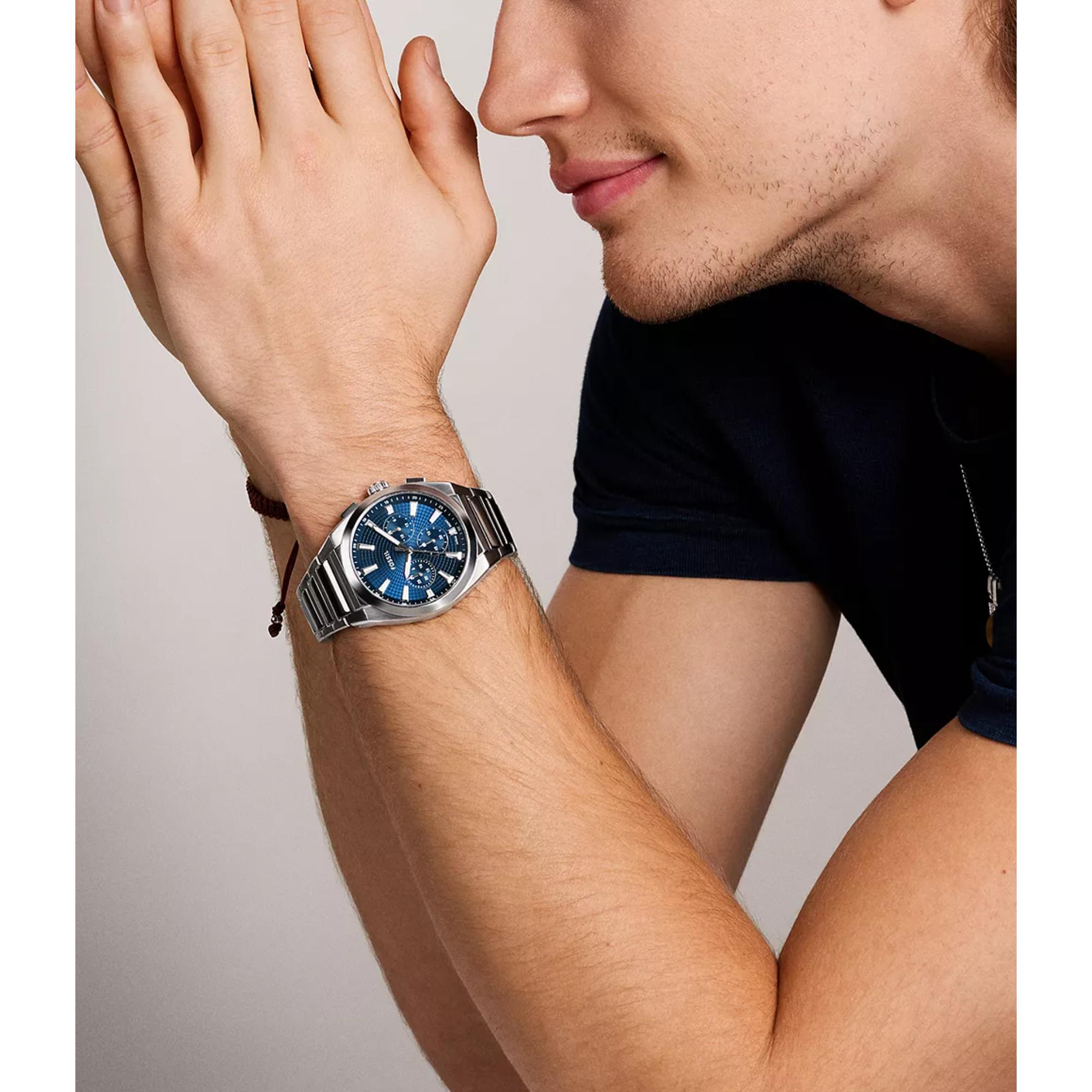 Fossil Everett Chronograph Blue Dial Stainless Steel Strap Men's Watch FS6104