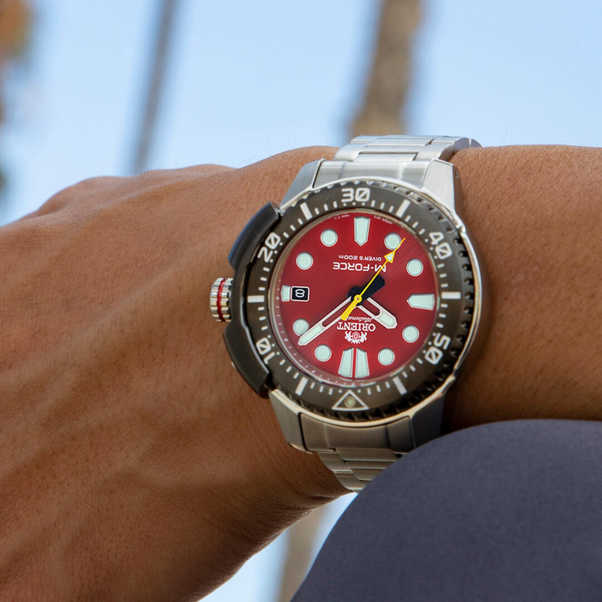 Orient M-Force 45mm Red Dial Steel Mens Automatic Watch RA-AC0L02R30B