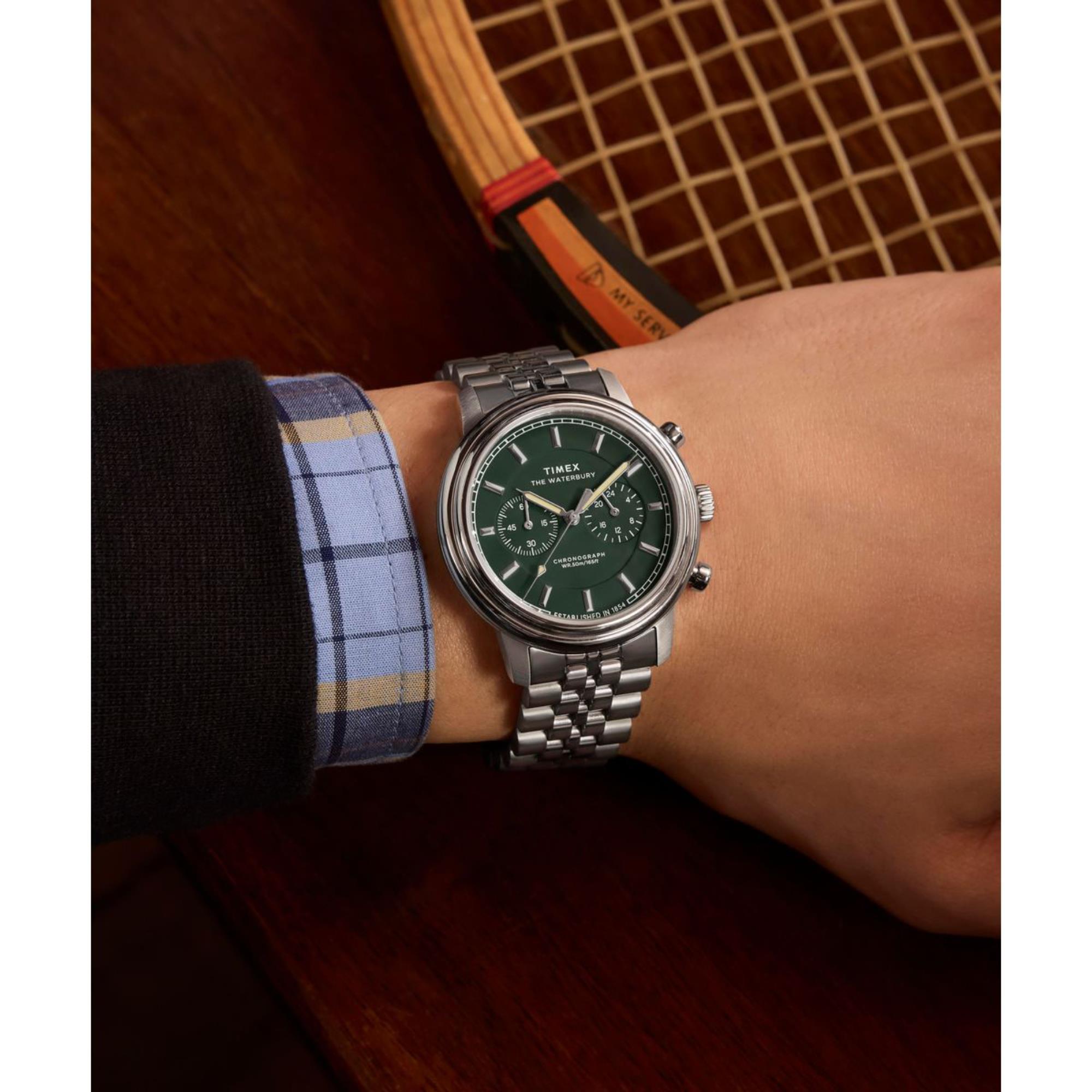 Timex Waterbury Metropolitan Chronograph Green Dial Stainless Steel Men's Watch TW2Y23600