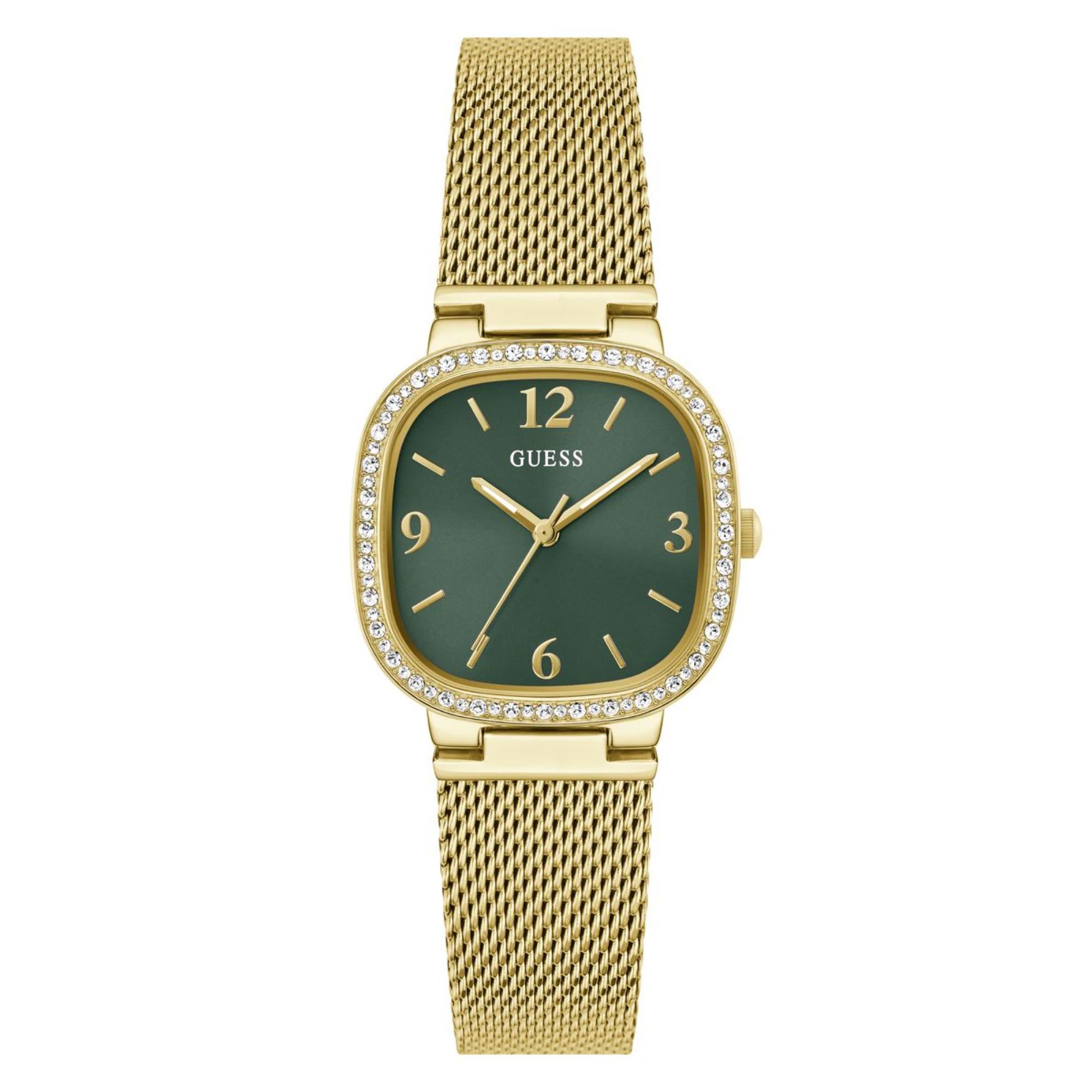 Guess Tapestry Rounded Square Green Dial Steel Mesh Strap Women's Watch GW0354L5