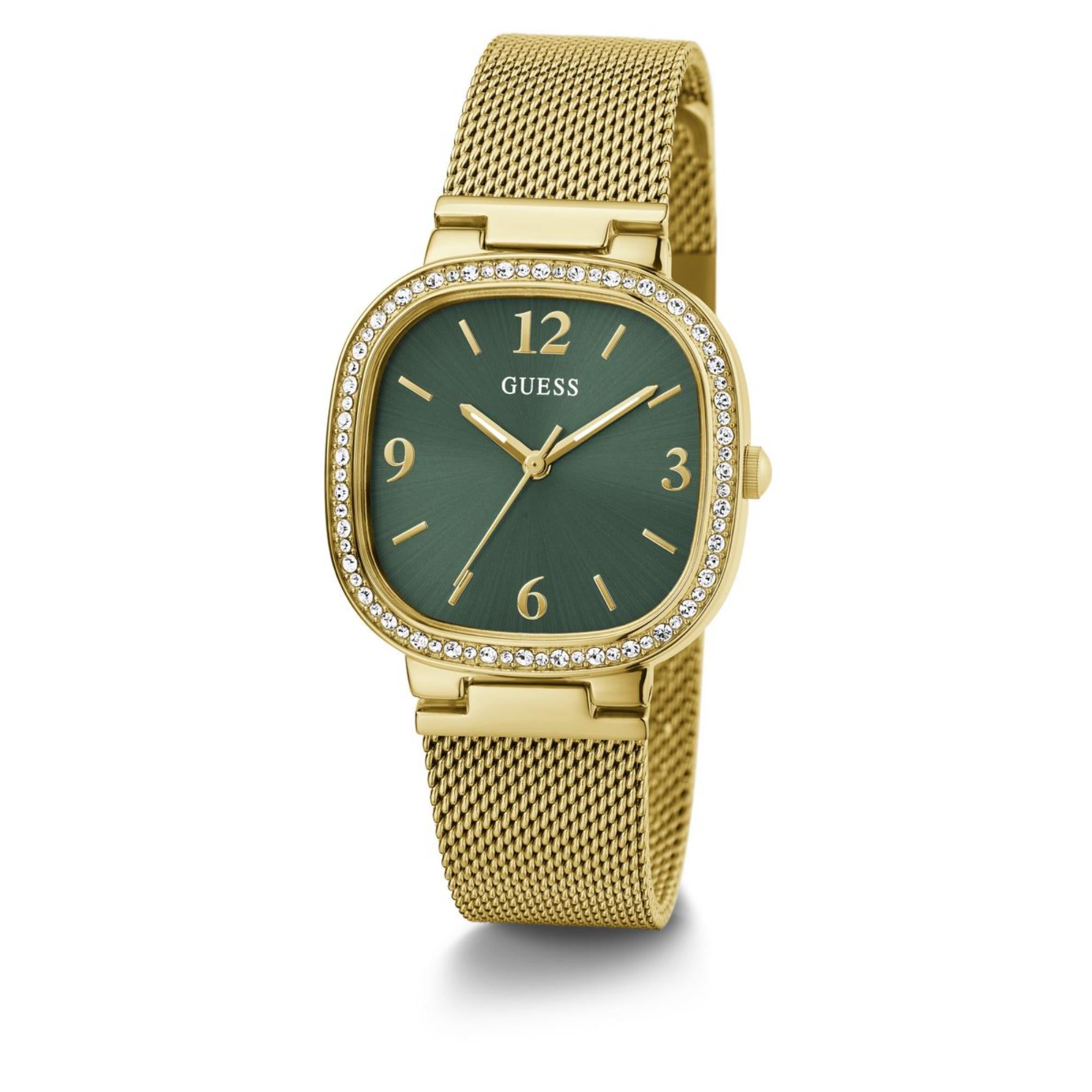 Guess Tapestry Rounded Square Green Dial Steel Mesh Strap Women's Watch GW0354L5