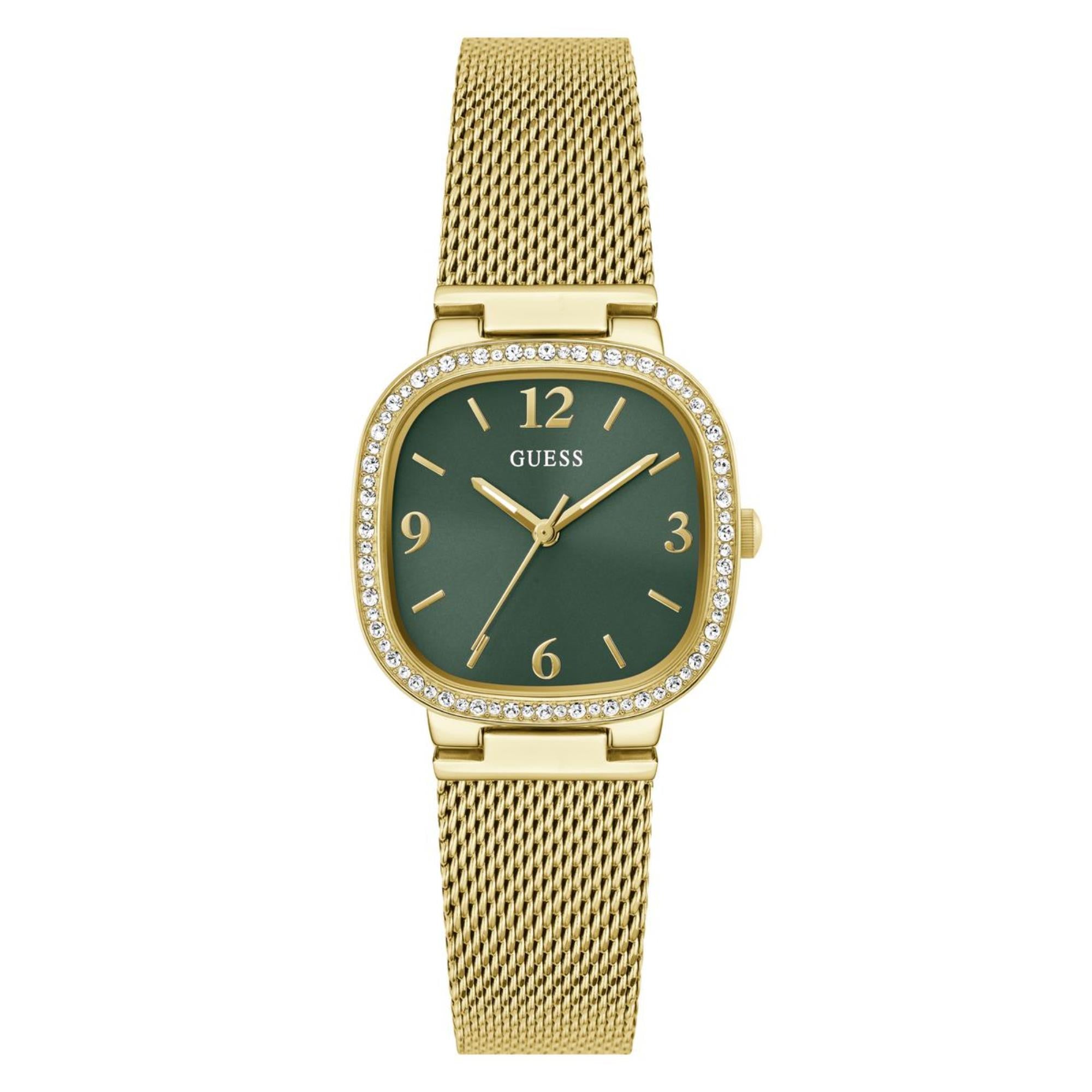 Guess Tapestry Rounded Square Green Dial Steel Mesh Strap Women's Watch GW0354L5