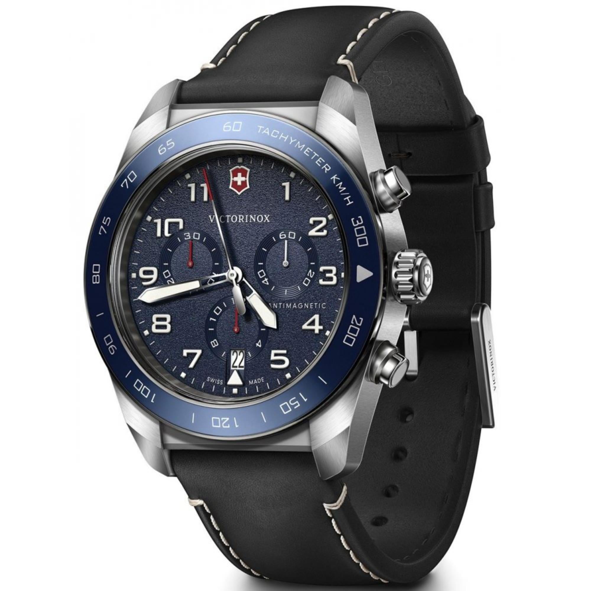 Victorinox Swiss Army Herren Chronograph Blue Dial Black Leather Strap Men's Watch 242047