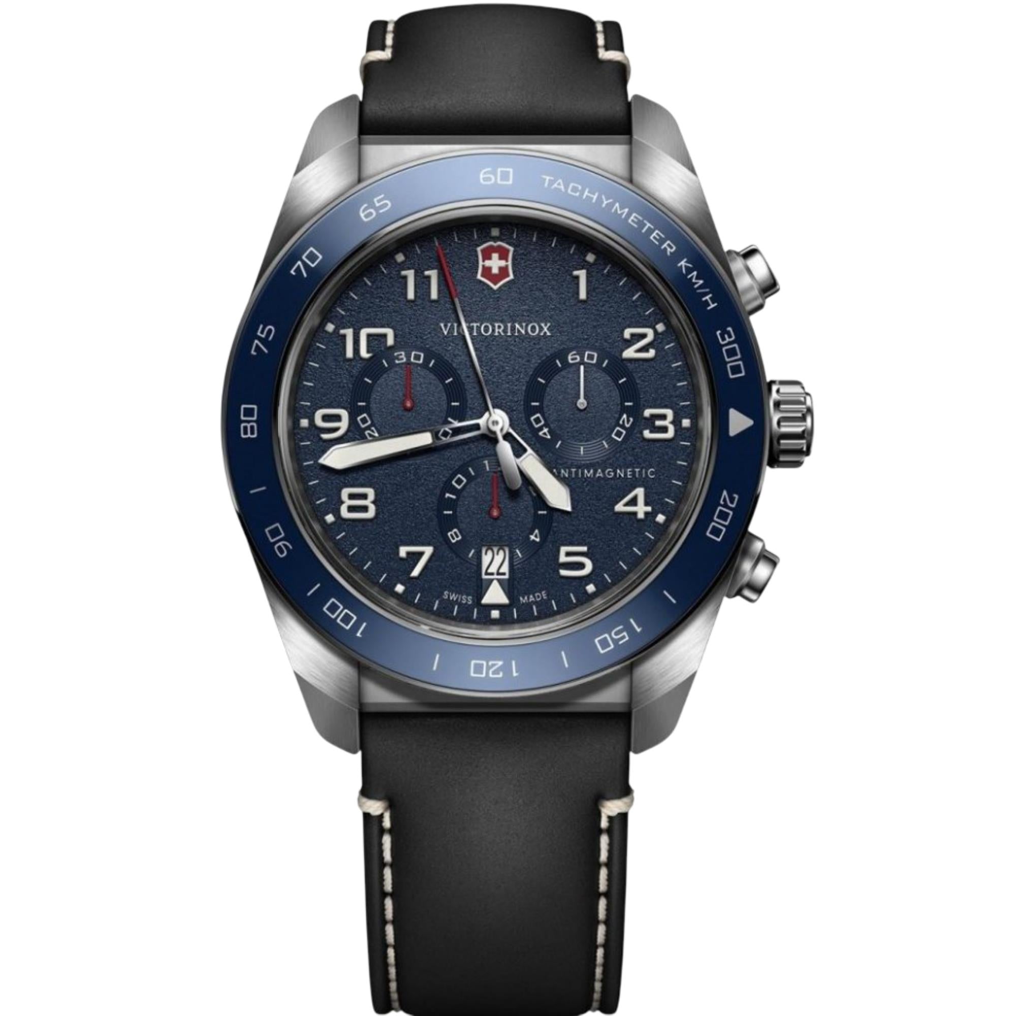 Victorinox Swiss Army Herren Chronograph Blue Dial Black Leather Strap Men's Watch 242047