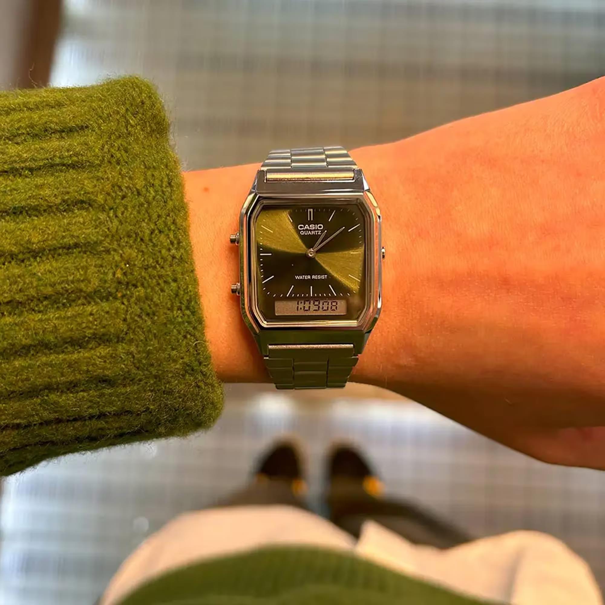 Casio Vintage Quartz Green Dial Steel Strap Unisex Watch AQ-230A-3AMQYES