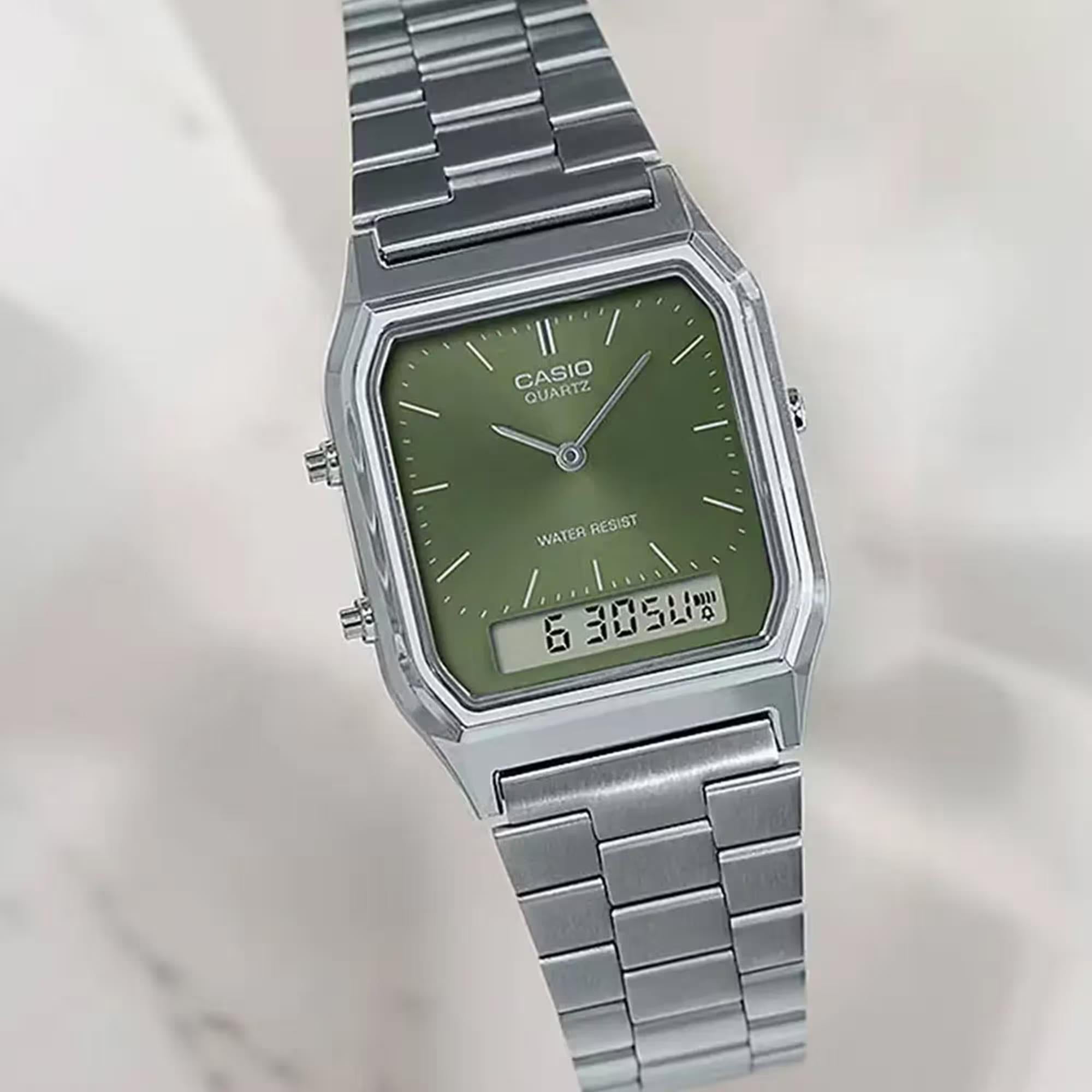 Casio Vintage Quartz Green Dial Steel Strap Unisex Watch AQ-230A-3AMQYES