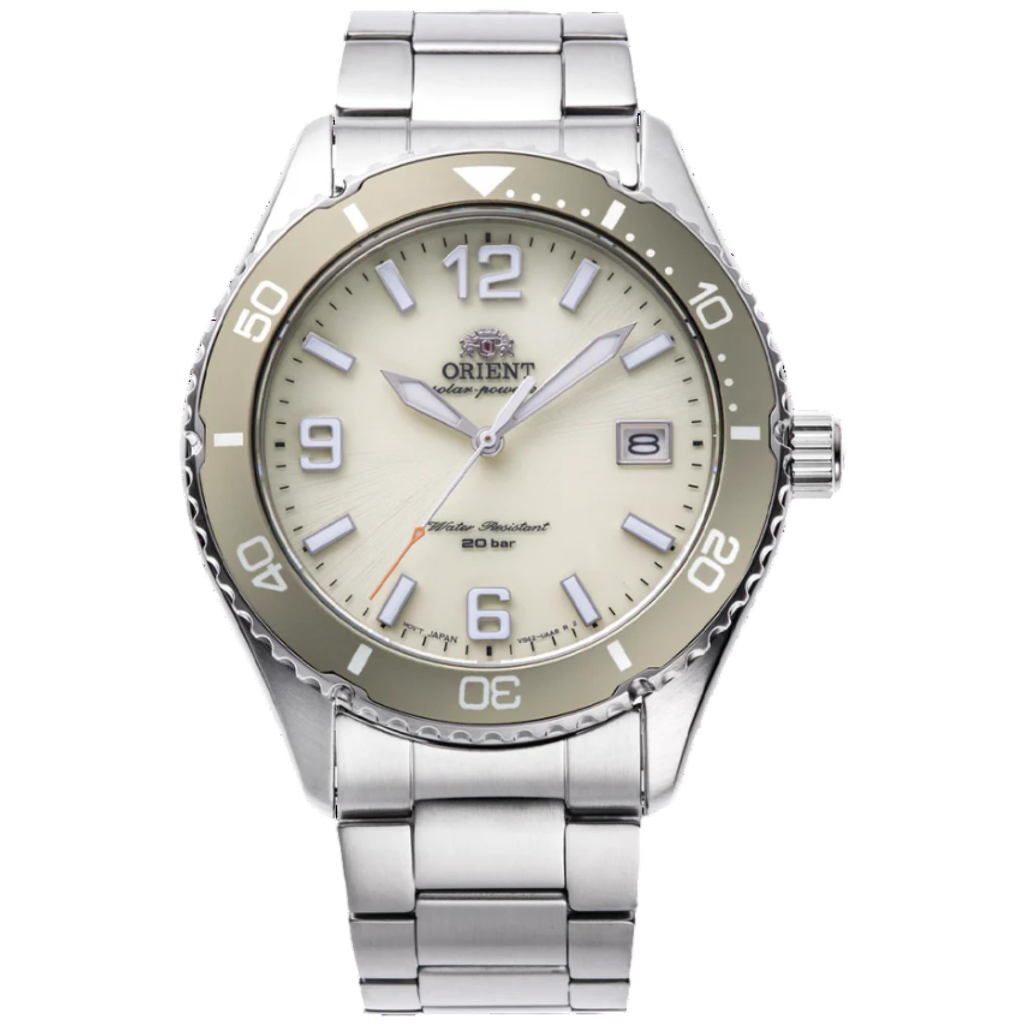 Orient Mako Solar Quartz Ivory Dial Steel Strap Men's Watch RA-WJ0003S10B